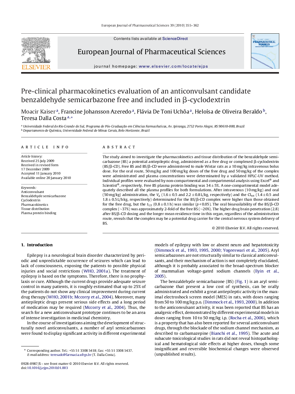 Pre-clinical pharmacokinetics evaluation of an anticonvulsant candidate benzaldehyde semicarbazone free and included in β-cyclodextrin