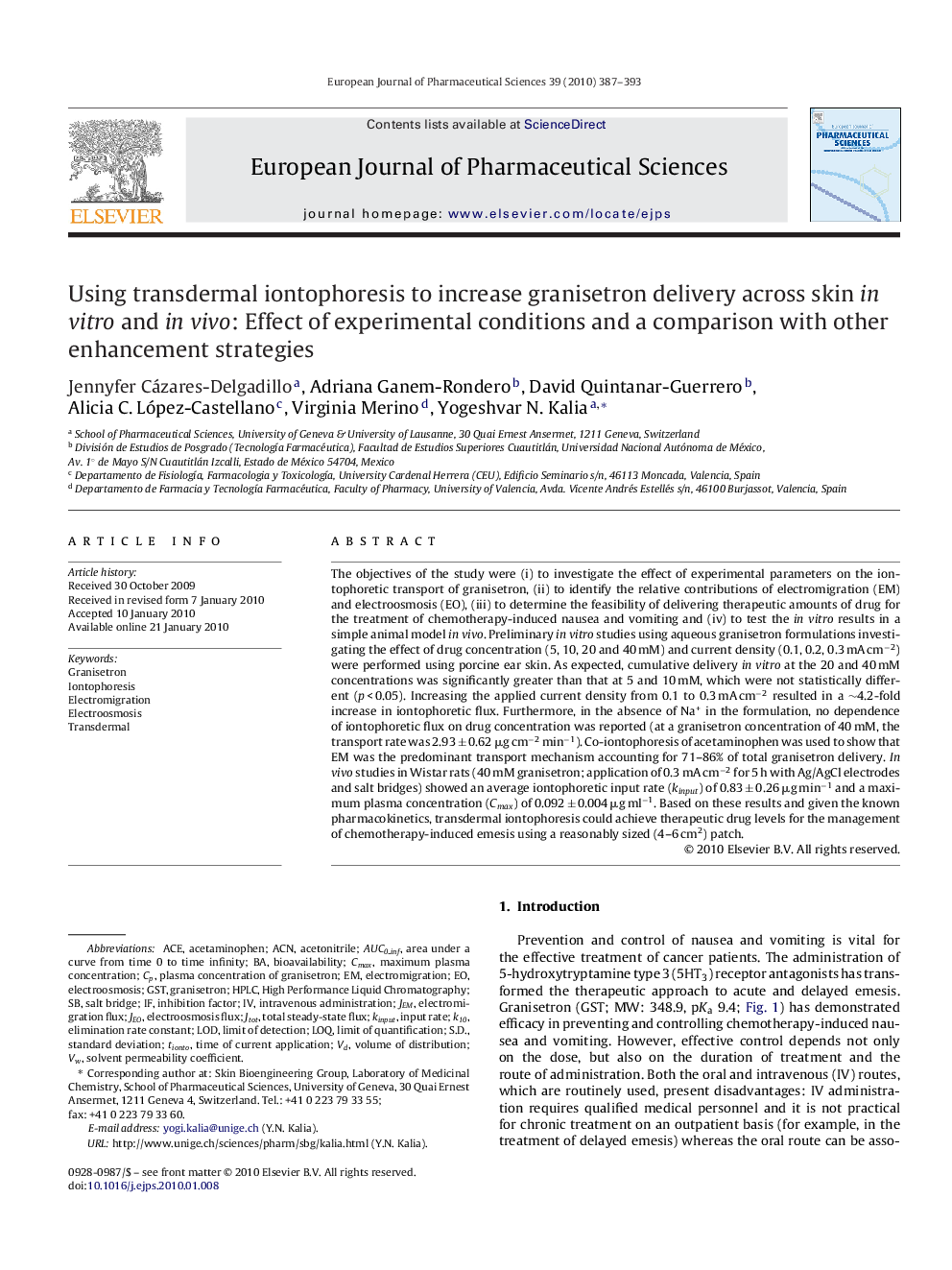 Using transdermal iontophoresis to increase granisetron delivery across skin in vitro and in vivo: Effect of experimental conditions and a comparison with other enhancement strategies