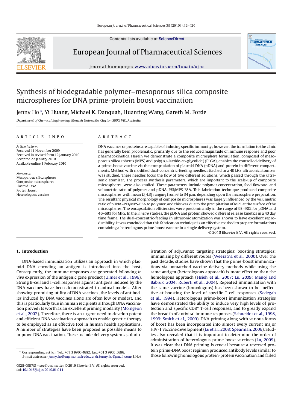 Synthesis of biodegradable polymer–mesoporous silica composite microspheres for DNA prime-protein boost vaccination