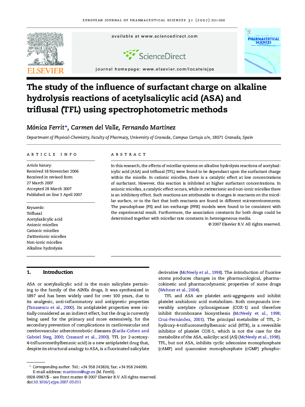 The study of the influence of surfactant charge on alkaline hydrolysis reactions of acetylsalicylic acid (ASA) and triflusal (TFL) using spectrophotometric methods