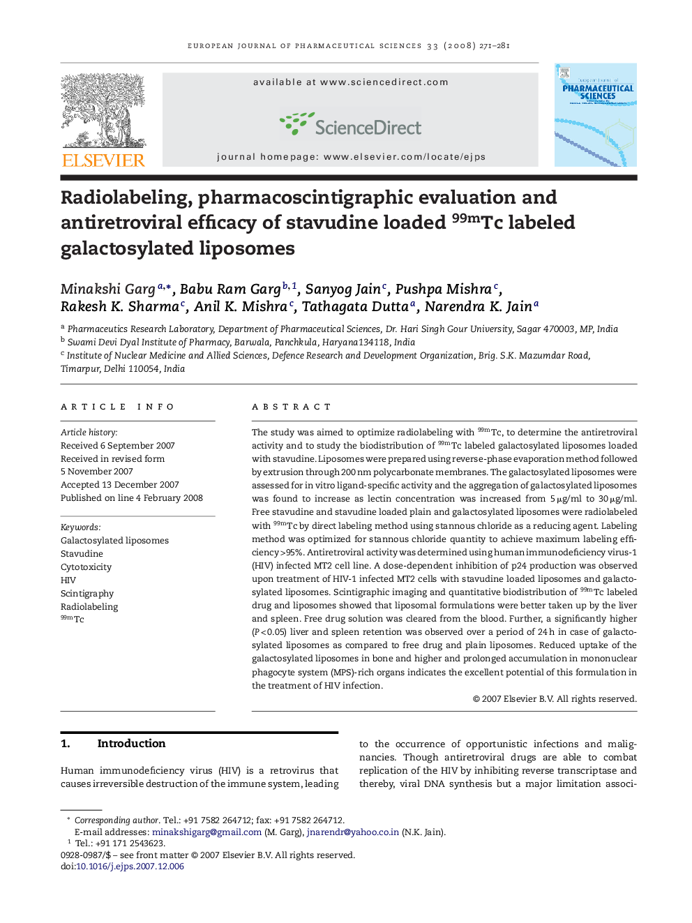 Radiolabeling, pharmacoscintigraphic evaluation and antiretroviral efficacy of stavudine loaded 99mTc labeled galactosylated liposomes