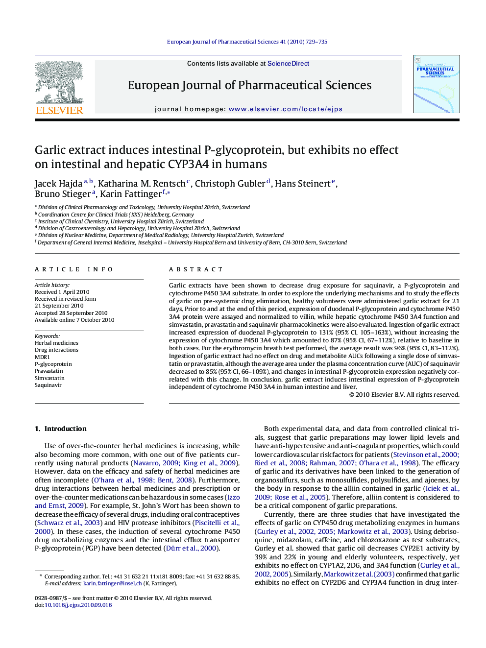 Garlic extract induces intestinal P-glycoprotein, but exhibits no effect on intestinal and hepatic CYP3A4 in humans