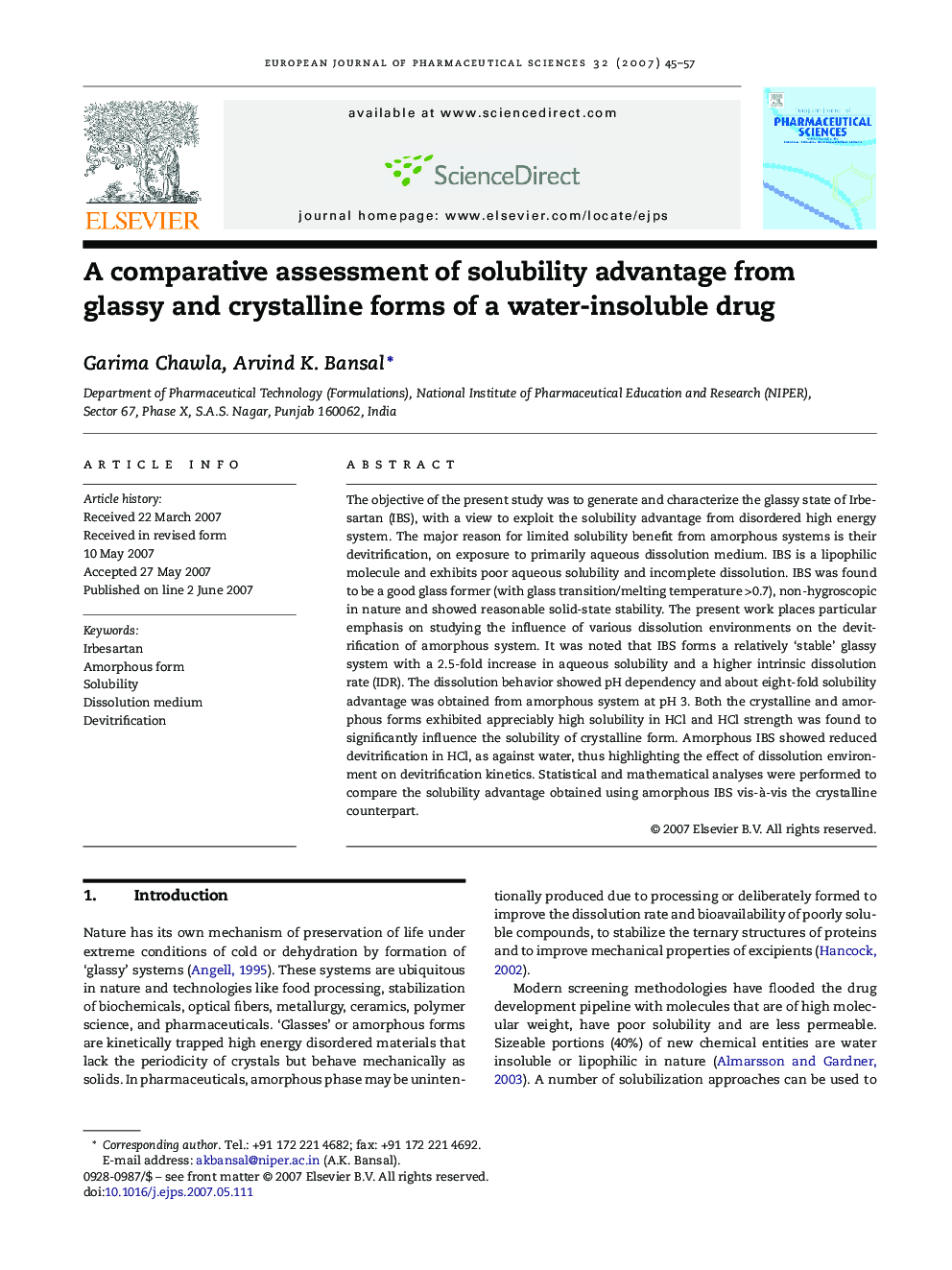 A comparative assessment of solubility advantage from glassy and crystalline forms of a water-insoluble drug