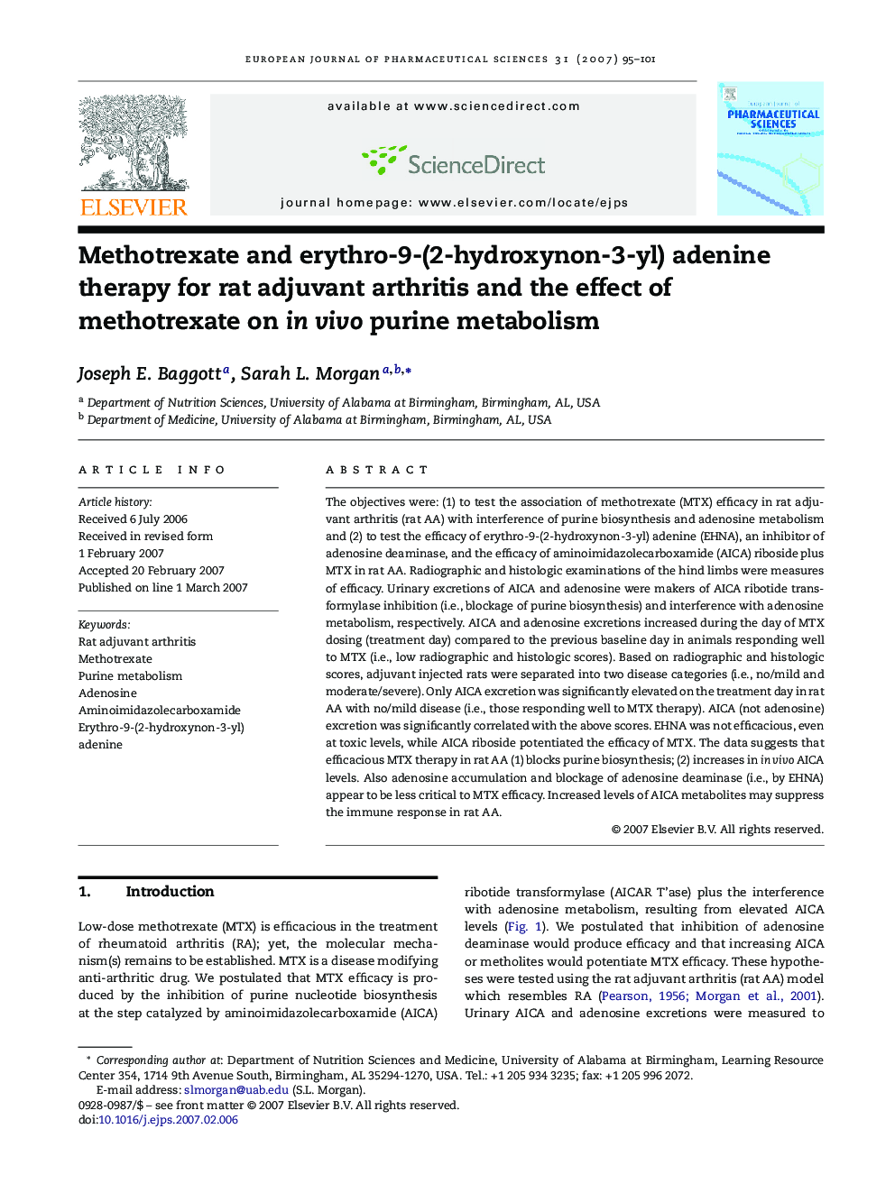 Methotrexate and erythro-9-(2-hydroxynon-3-yl) adenine therapy for rat adjuvant arthritis and the effect of methotrexate on in vivo purine metabolism