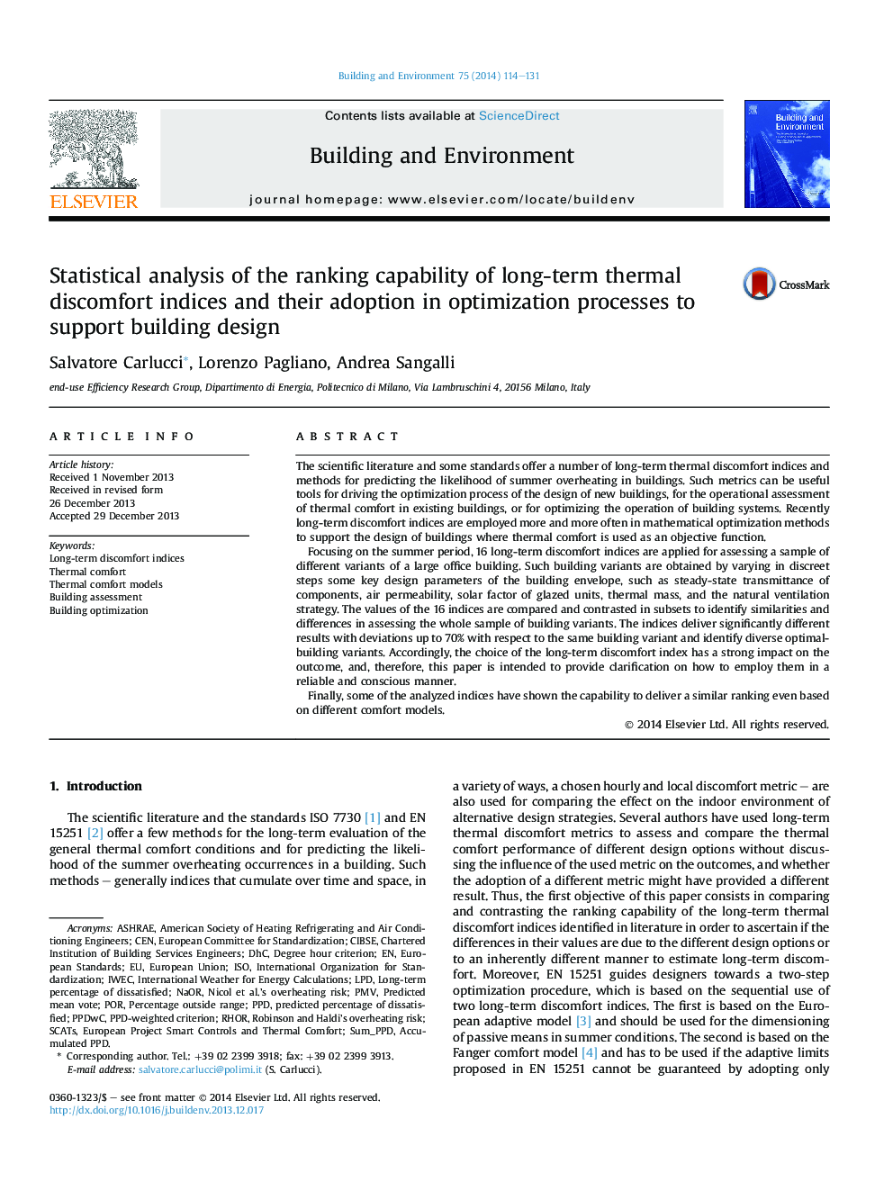 Statistical analysis of the ranking capability of long-term thermal discomfort indices and their adoption in optimization processes to support building design