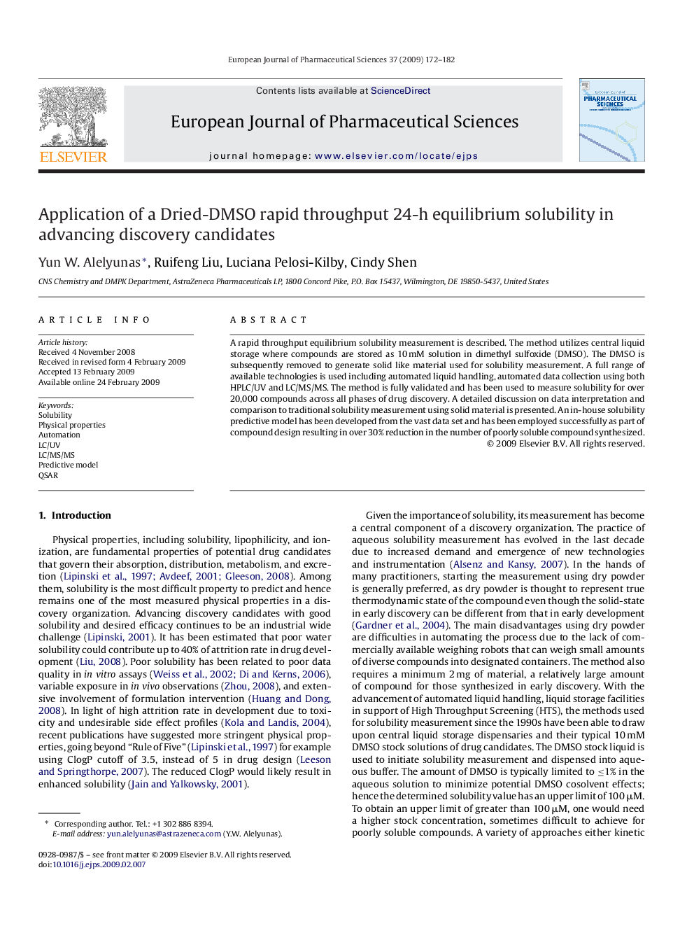 Application of a Dried-DMSO rapid throughput 24-h equilibrium solubility in advancing discovery candidates