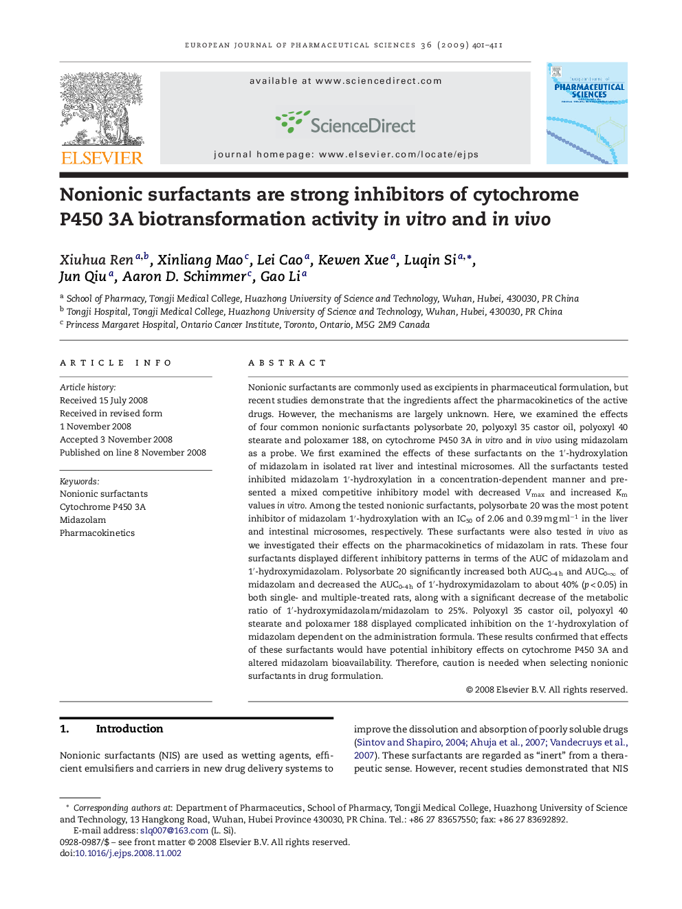 Nonionic surfactants are strong inhibitors of cytochrome P450 3A biotransformation activity in vitro and in vivo