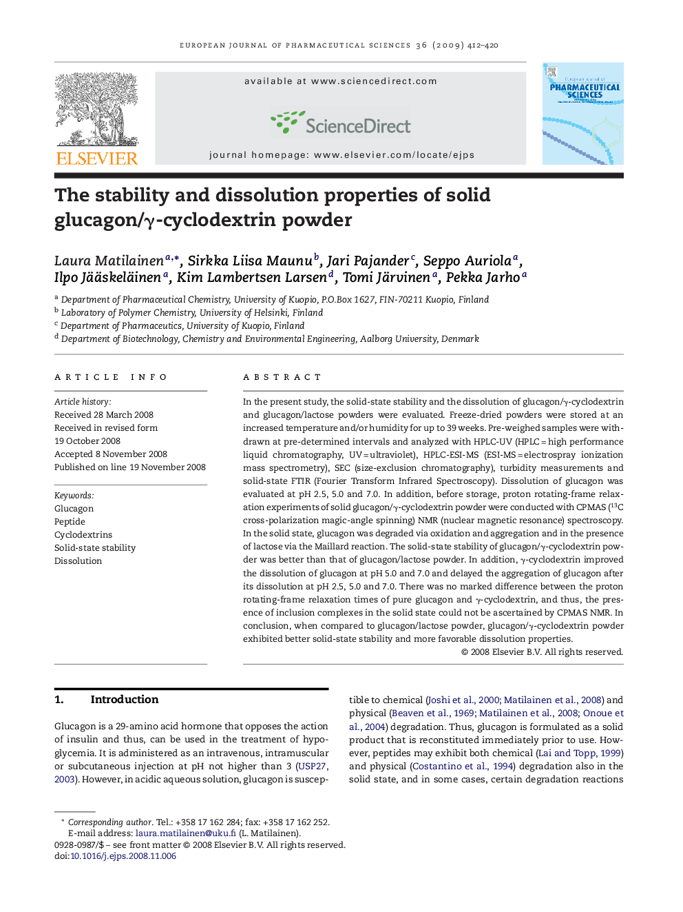 The stability and dissolution properties of solid glucagon/γ-cyclodextrin powder