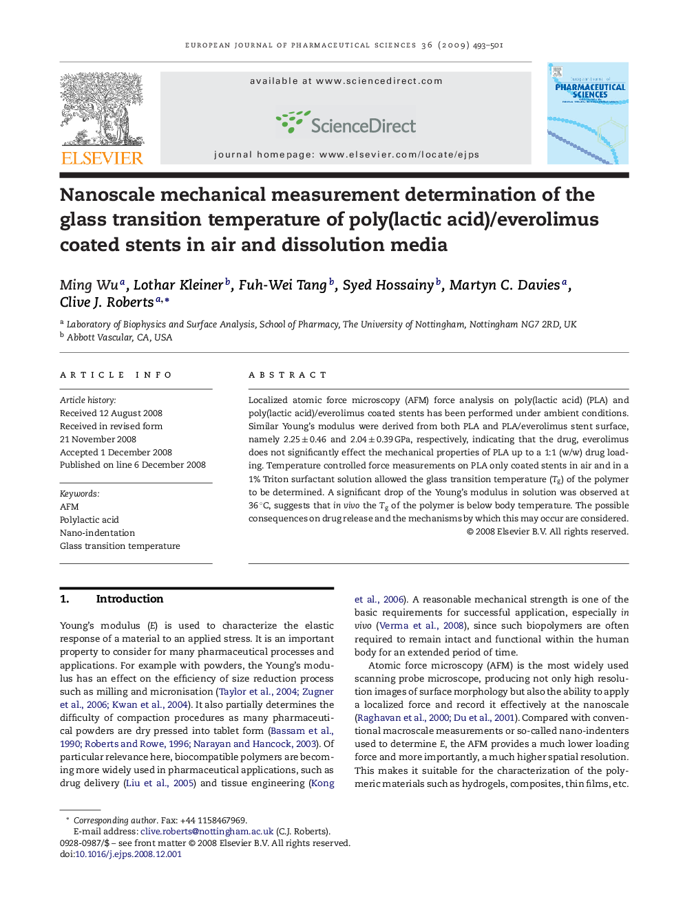 Nanoscale mechanical measurement determination of the glass transition temperature of poly(lactic acid)/everolimus coated stents in air and dissolution media