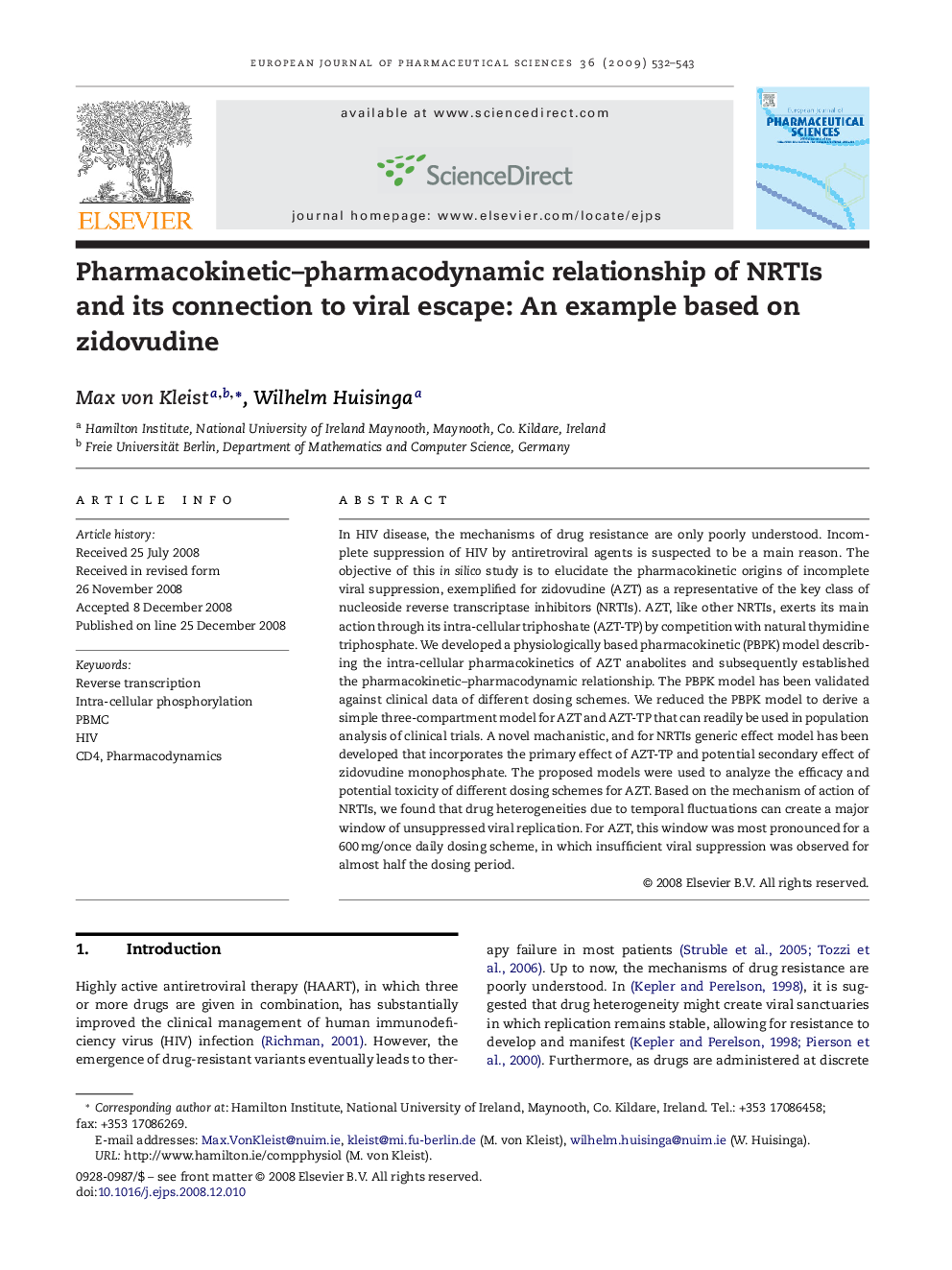 Pharmacokinetic–pharmacodynamic relationship of NRTIs and its connection to viral escape: An example based on zidovudine