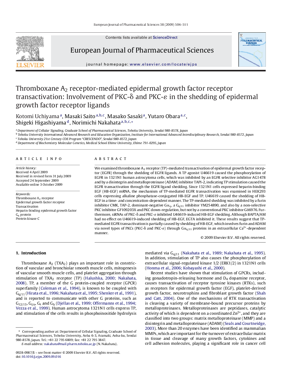 Thromboxane A2 receptor-mediated epidermal growth factor receptor transactivation: Involvement of PKC-δ and PKC-ɛ in the shedding of epidermal growth factor receptor ligands