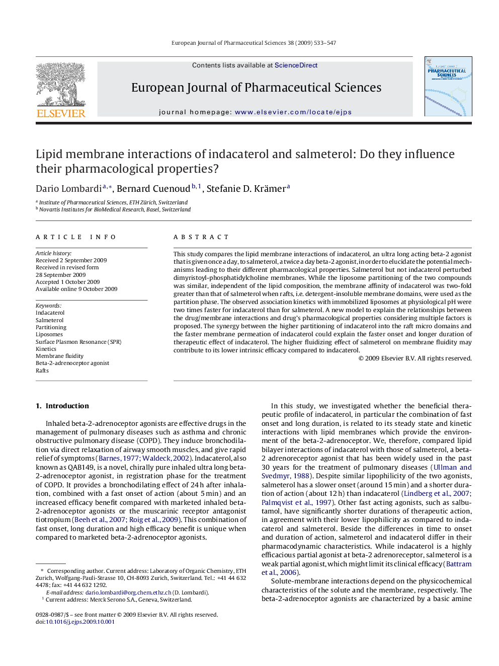 Lipid membrane interactions of indacaterol and salmeterol: Do they influence their pharmacological properties?