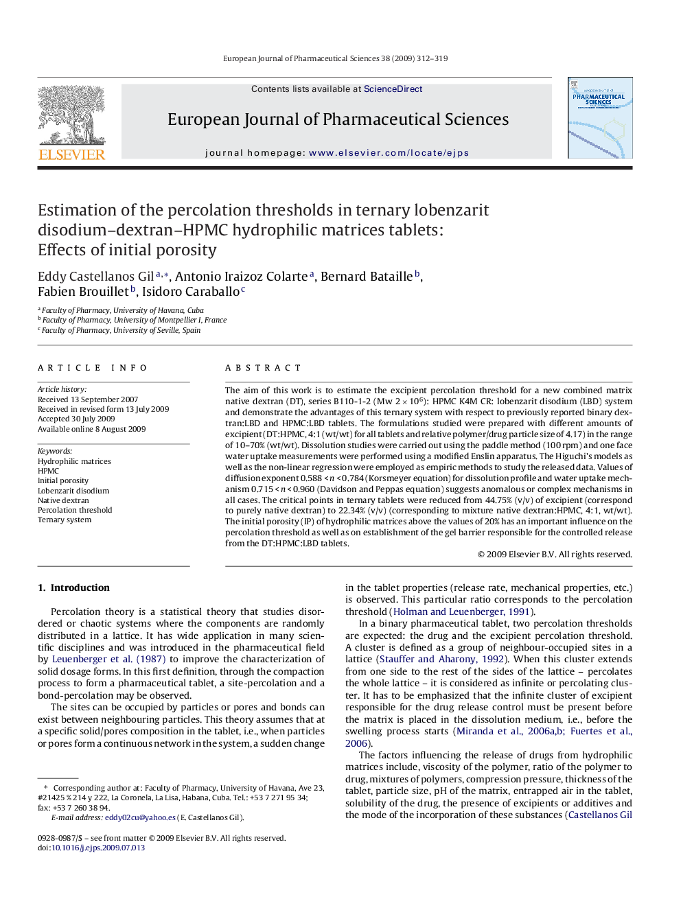 Estimation of the percolation thresholds in ternary lobenzarit disodium–dextran–HPMC hydrophilic matrices tablets: Effects of initial porosity