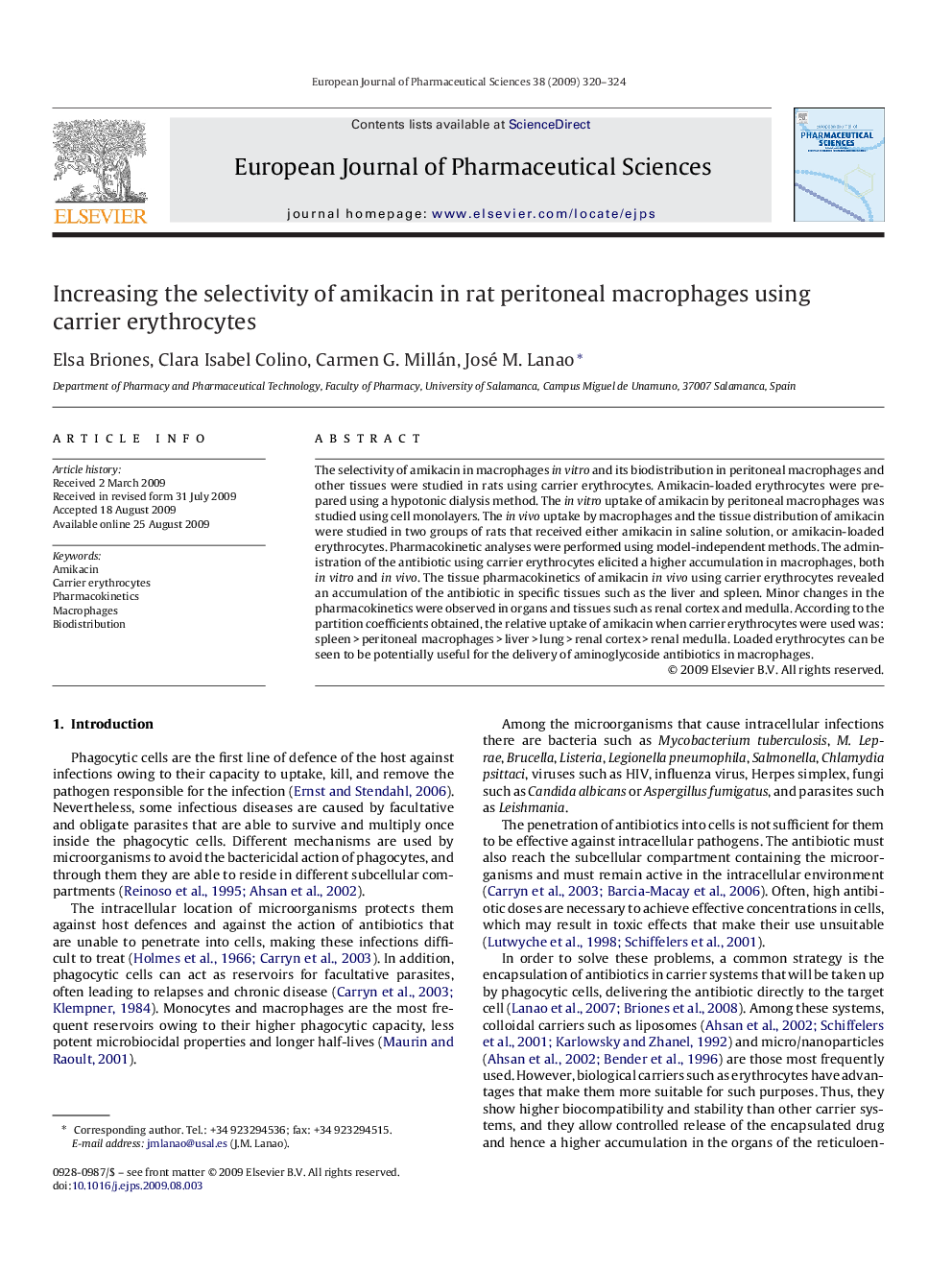 Increasing the selectivity of amikacin in rat peritoneal macrophages using carrier erythrocytes