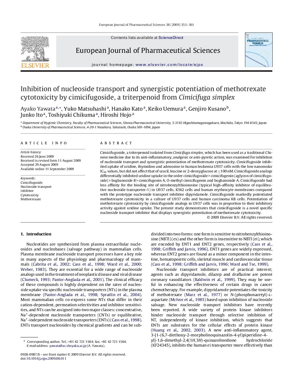 Inhibition of nucleoside transport and synergistic potentiation of methotrexate cytotoxicity by cimicifugoside, a triterpenoid from Cimicifuga simplex