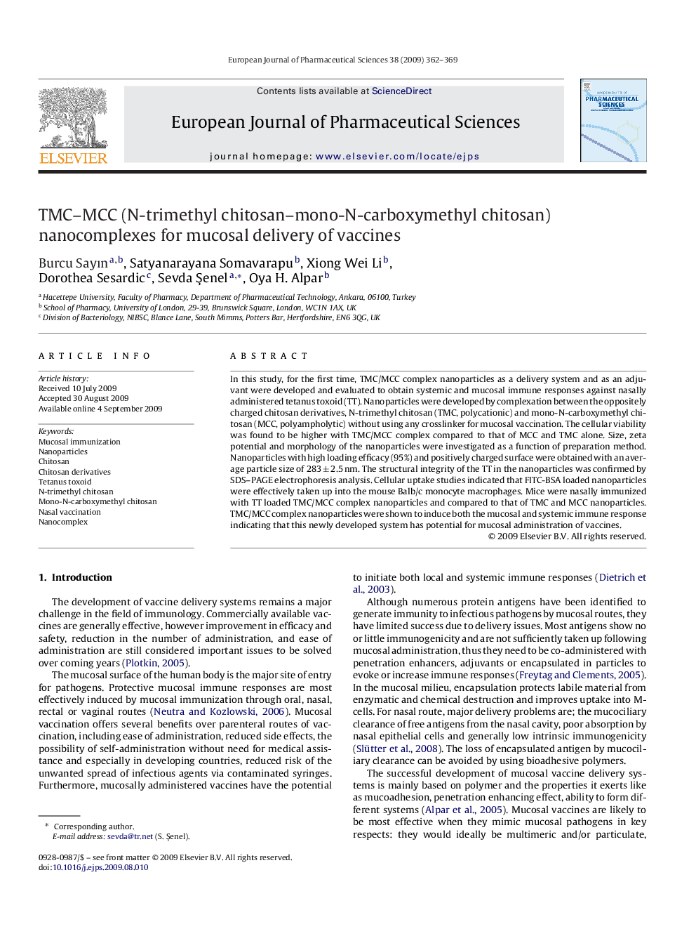 TMC–MCC (N-trimethyl chitosan–mono-N-carboxymethyl chitosan) nanocomplexes for mucosal delivery of vaccines