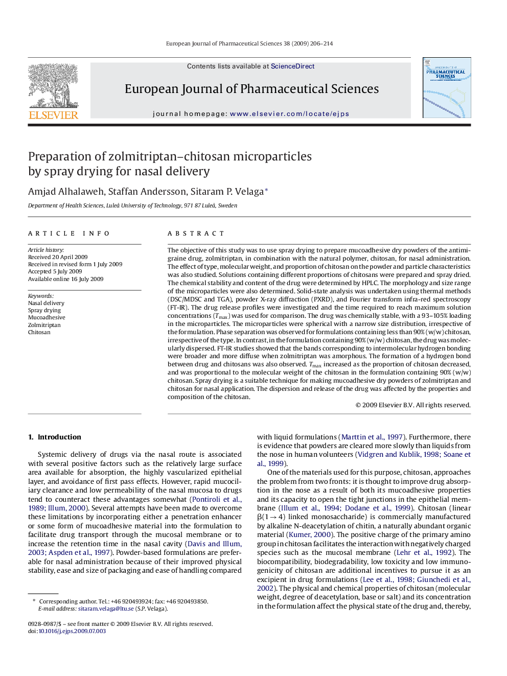 Preparation of zolmitriptan–chitosan microparticles by spray drying for nasal delivery