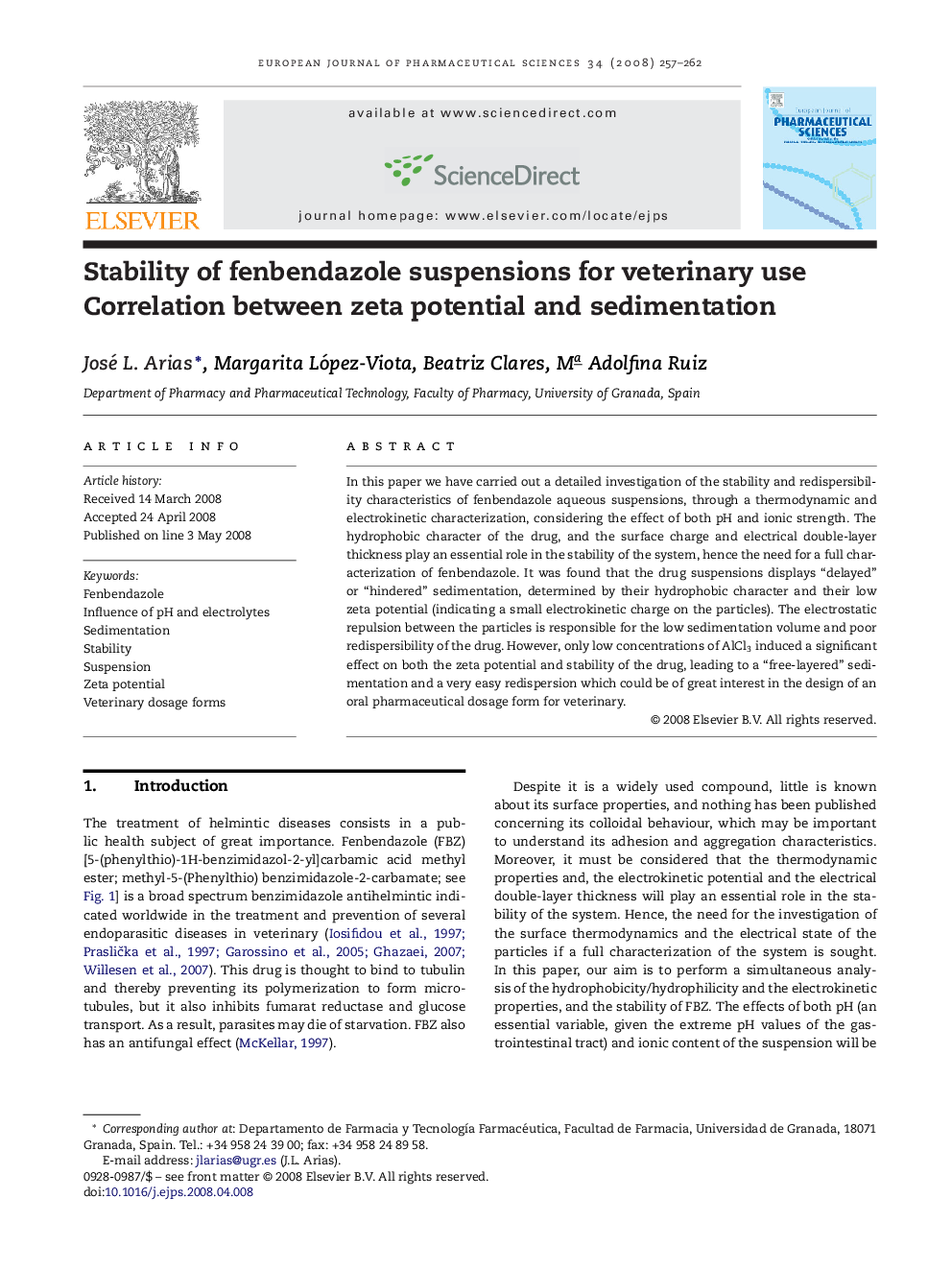 Stability of fenbendazole suspensions for veterinary use: Correlation between zeta potential and sedimentation