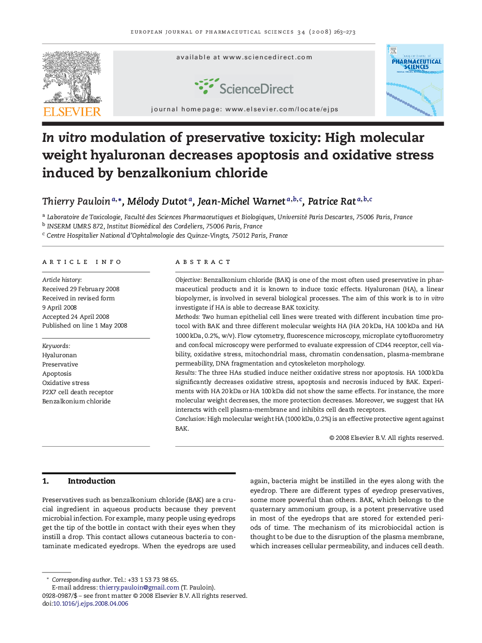 In vitro modulation of preservative toxicity: High molecular weight hyaluronan decreases apoptosis and oxidative stress induced by benzalkonium chloride