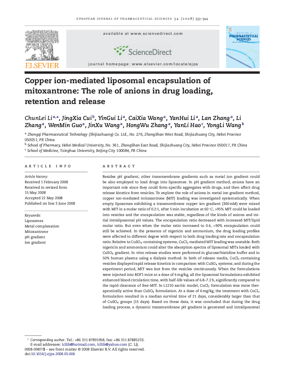 Copper ion-mediated liposomal encapsulation of mitoxantrone: The role of anions in drug loading, retention and release