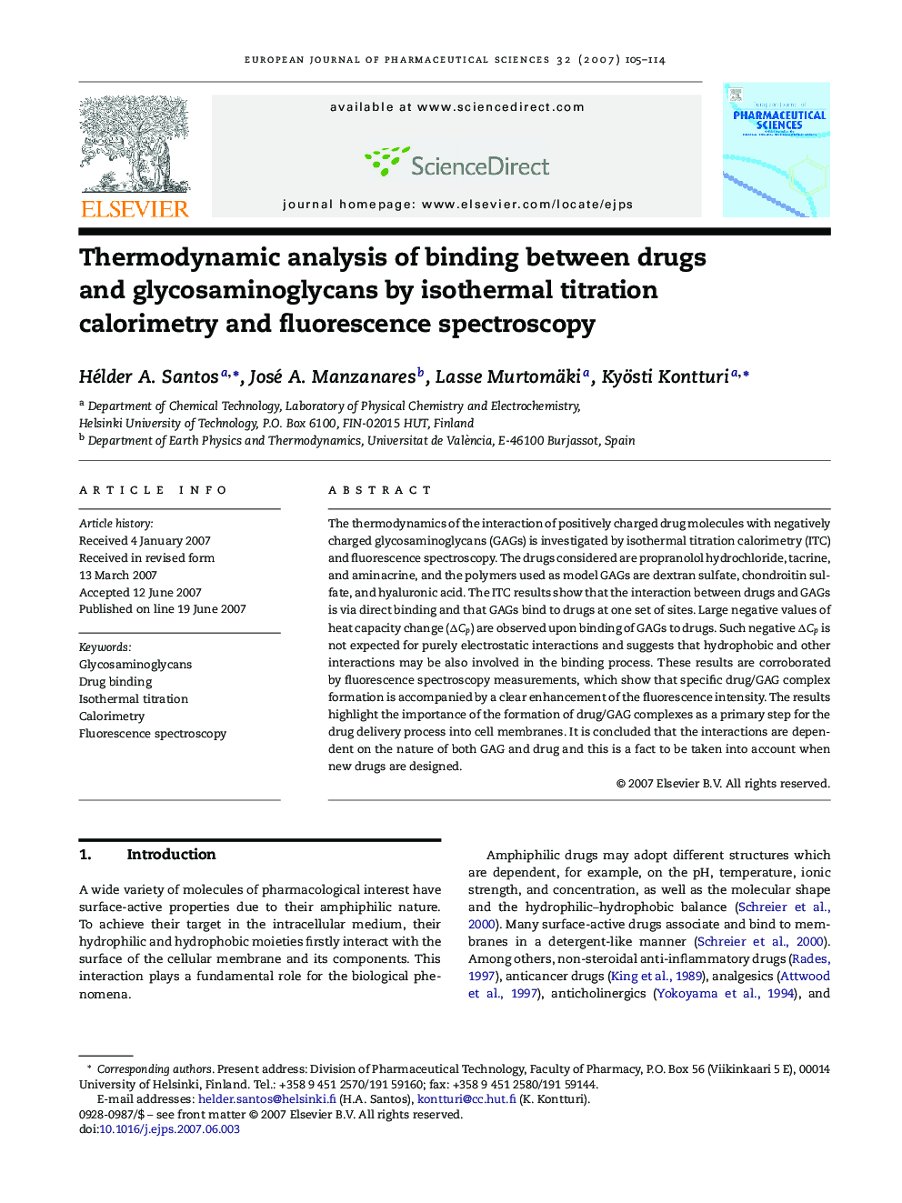 Thermodynamic analysis of binding between drugs and glycosaminoglycans by isothermal titration calorimetry and fluorescence spectroscopy