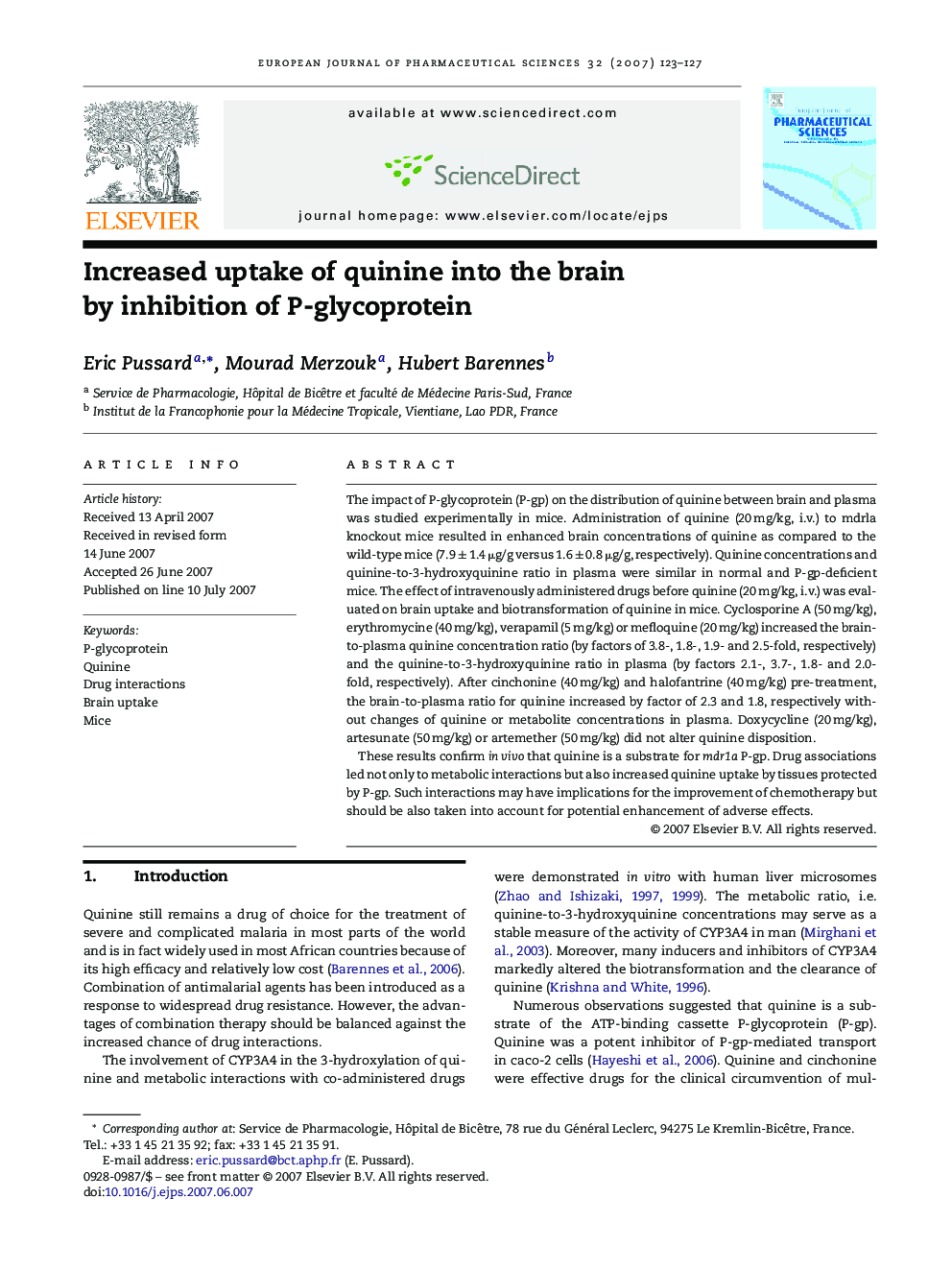 Increased uptake of quinine into the brain by inhibition of P-glycoprotein