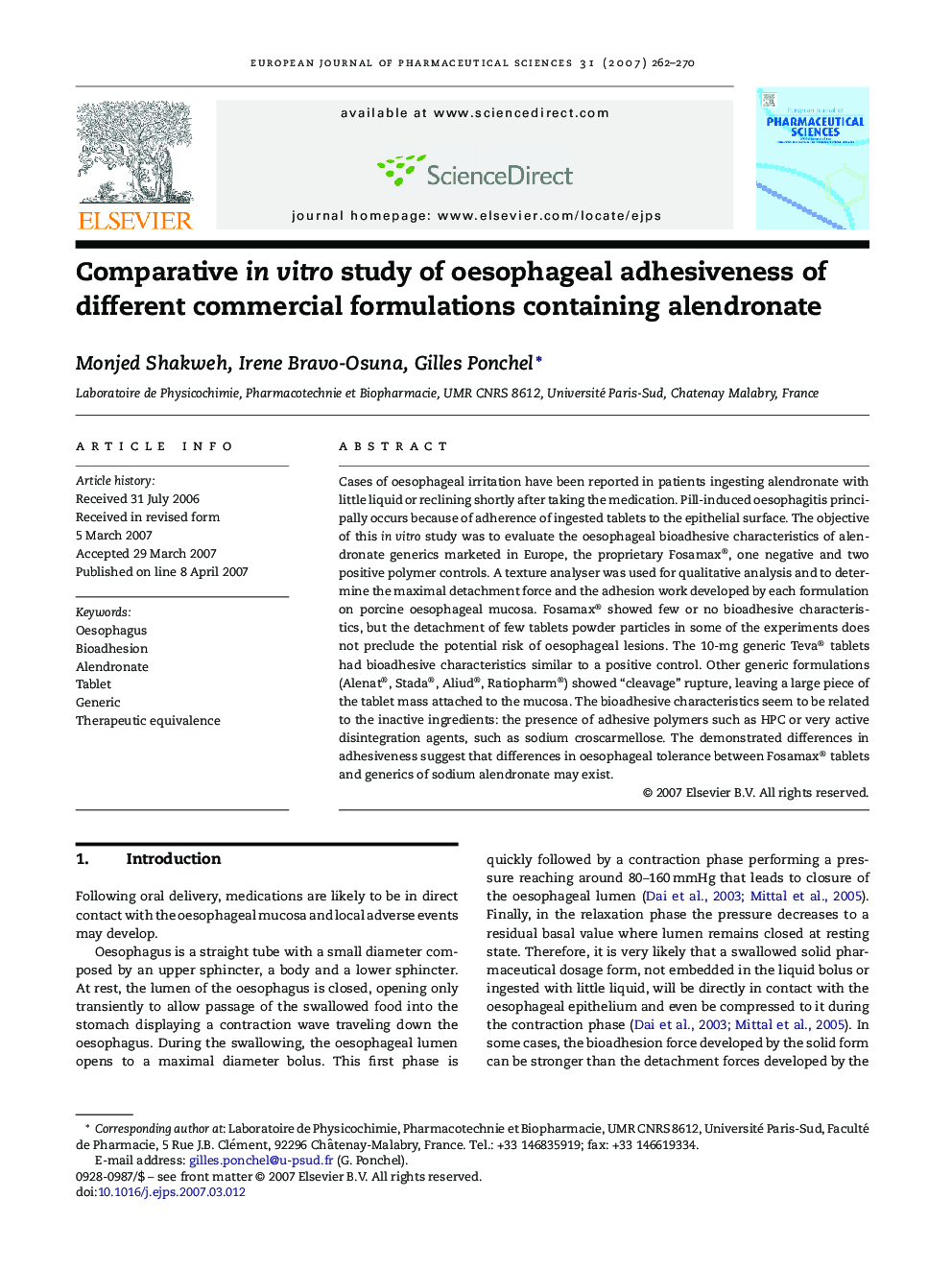 Comparative in vitro study of oesophageal adhesiveness of different commercial formulations containing alendronate