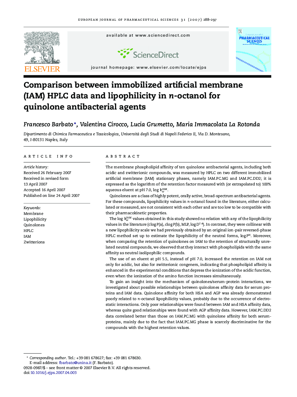 Comparison between immobilized artificial membrane (IAM) HPLC data and lipophilicity in n-octanol for quinolone antibacterial agents