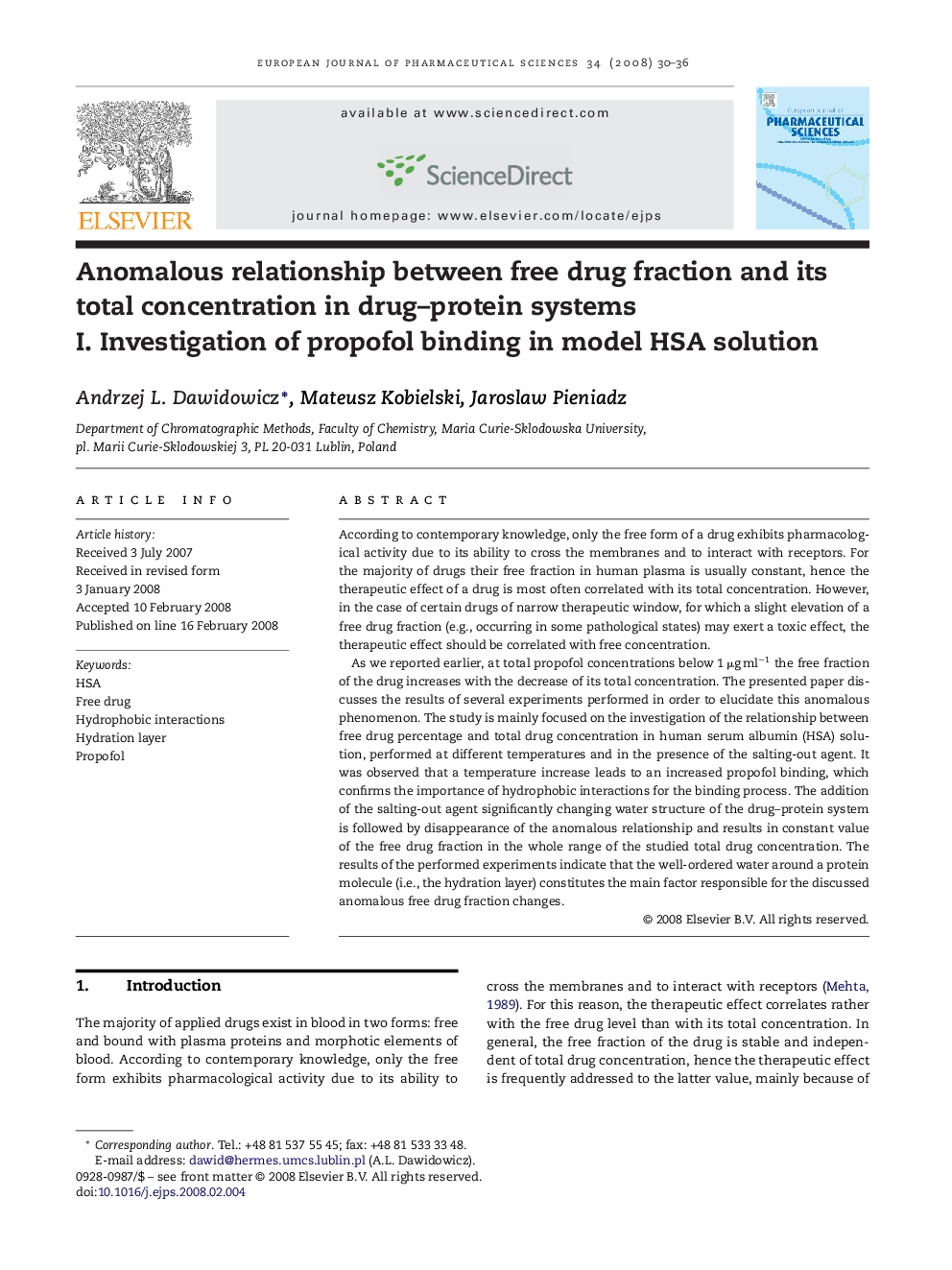 Anomalous relationship between free drug fraction and its total concentration in drug–protein systems: I. Investigation of propofol binding in model HSA solution