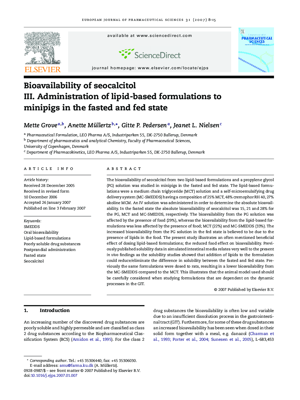 Bioavailability of seocalcitol: III. Administration of lipid-based formulations to minipigs in the fasted and fed state