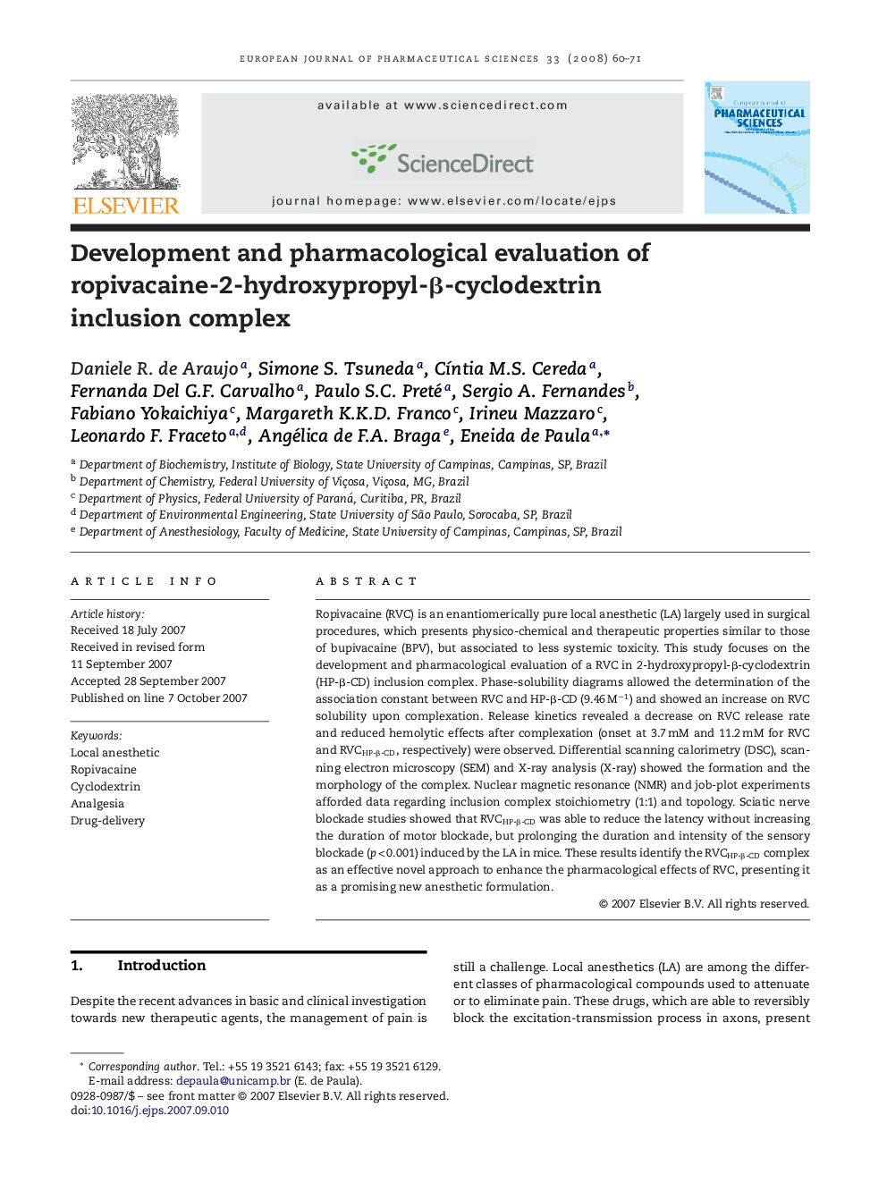 Development and pharmacological evaluation of ropivacaine-2-hydroxypropyl-β-cyclodextrin inclusion complex