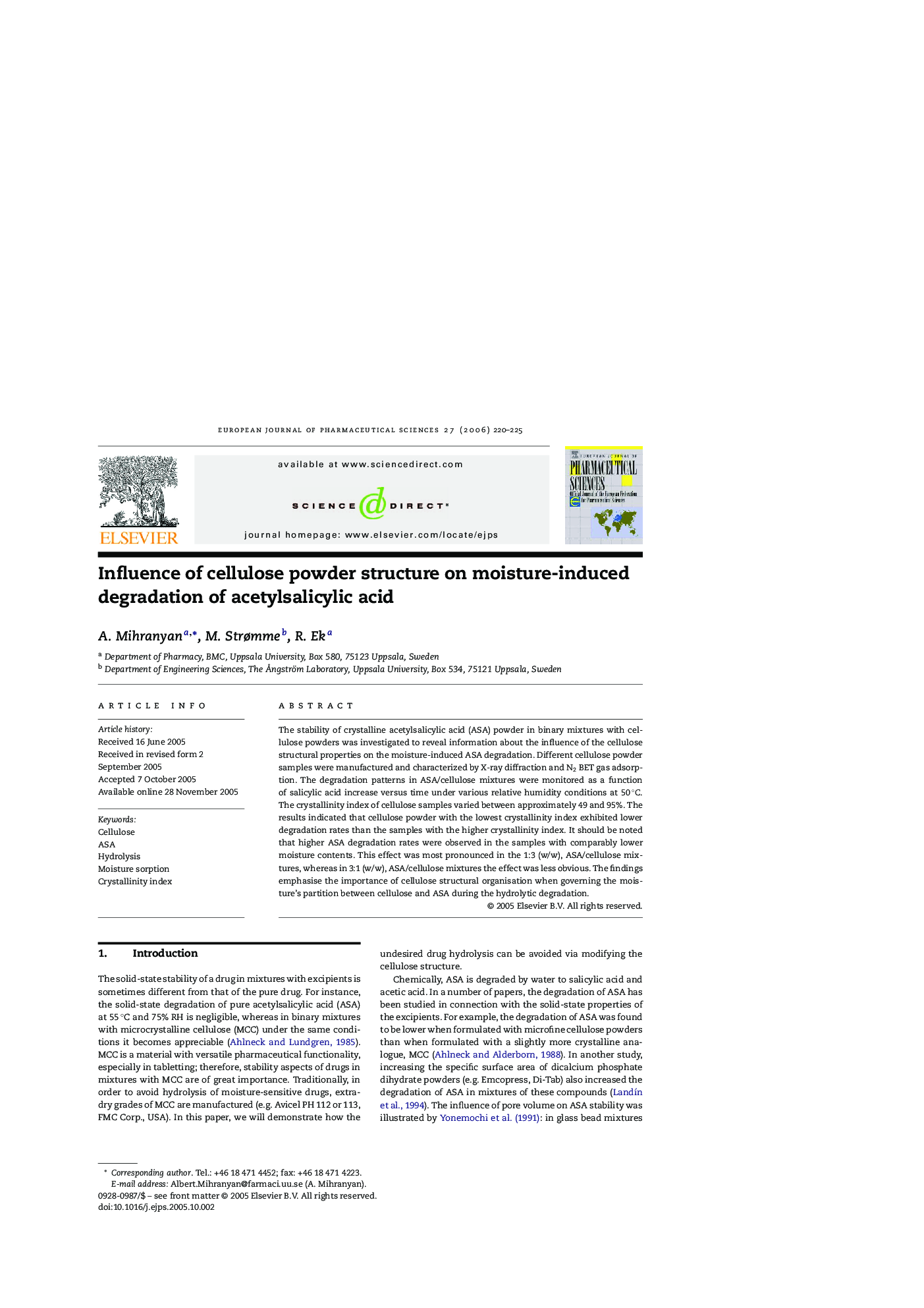 Influence of cellulose powder structure on moisture-induced degradation of acetylsalicylic acid