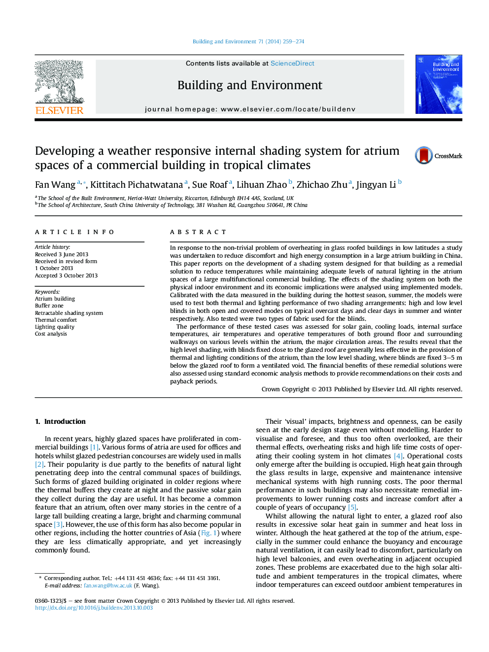 Developing a weather responsive internal shading system for atrium spaces of a commercial building in tropical climates