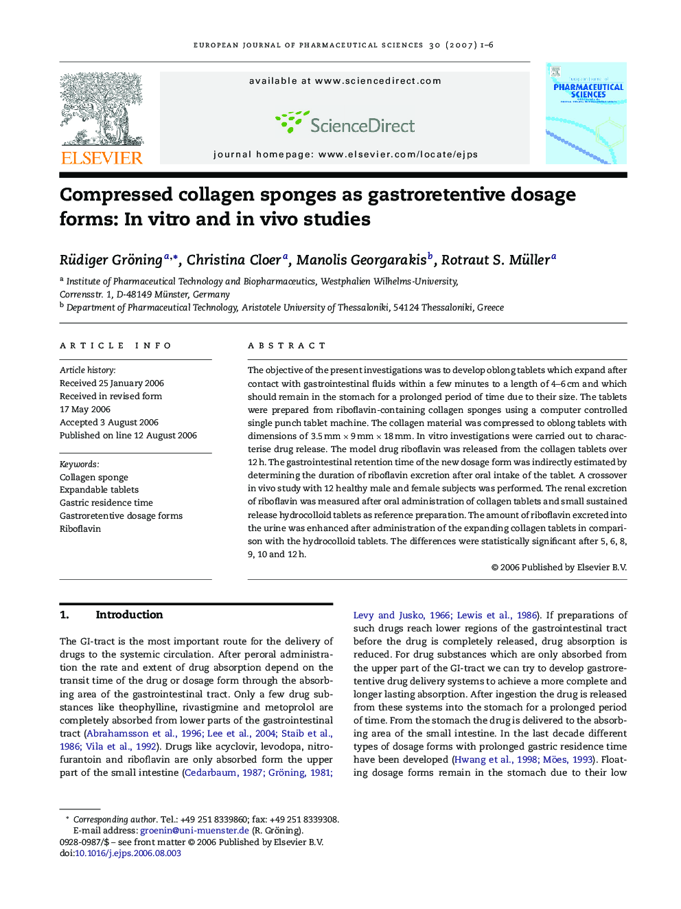 Compressed collagen sponges as gastroretentive dosage forms: In vitro and in vivo studies