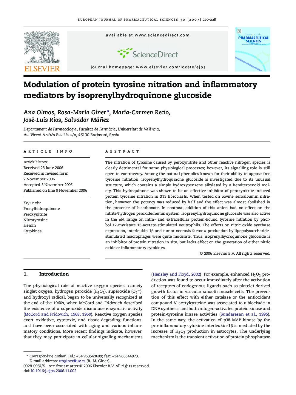 Modulation of protein tyrosine nitration and inflammatory mediators by isoprenylhydroquinone glucoside