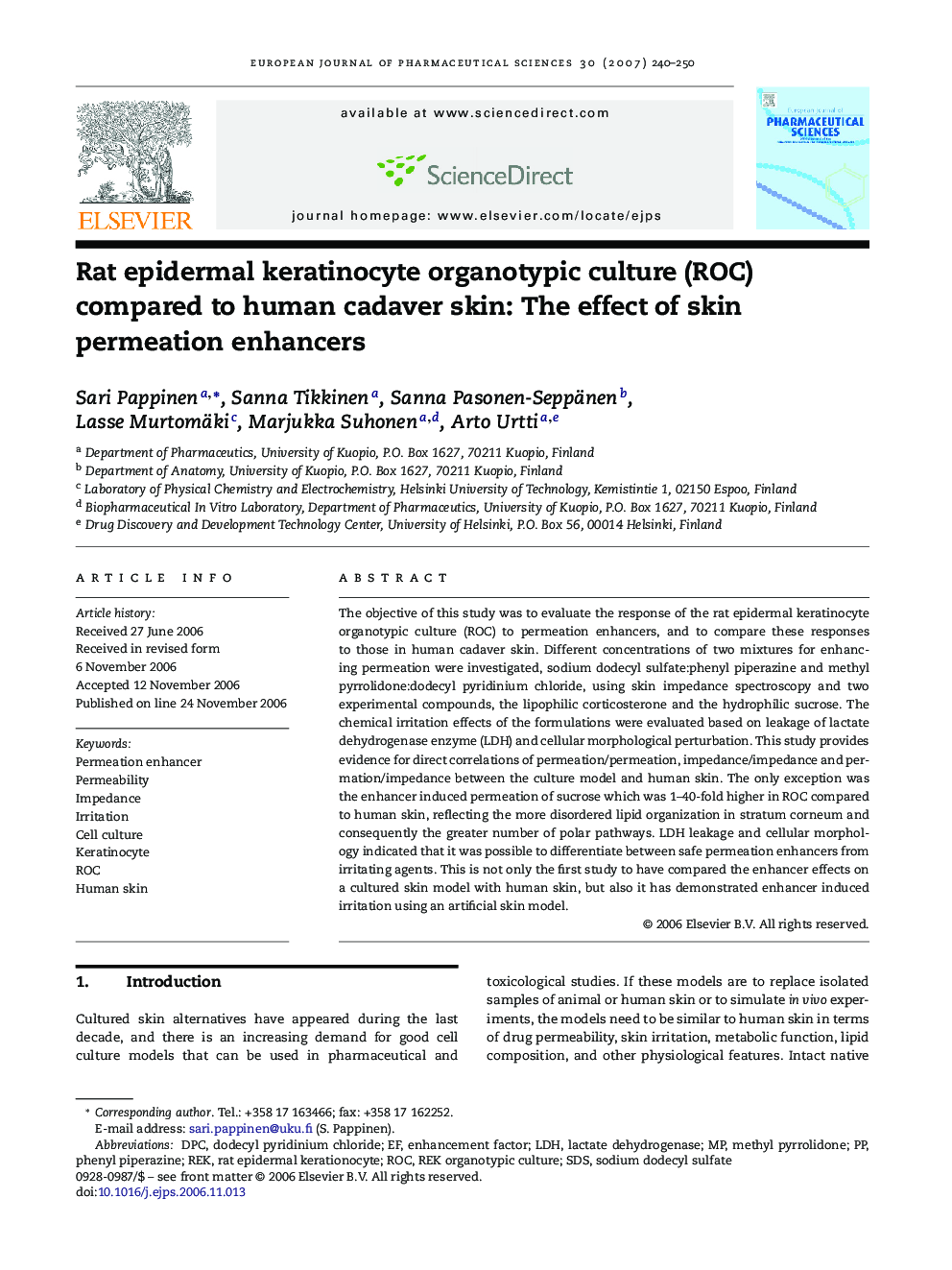 Rat epidermal keratinocyte organotypic culture (ROC) compared to human cadaver skin: The effect of skin permeation enhancers