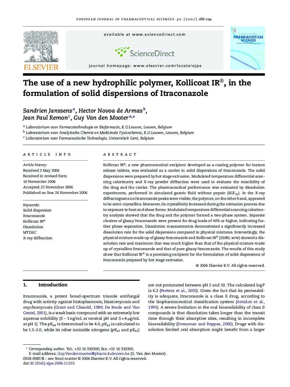 The use of a new hydrophilic polymer, Kollicoat IR®, in the formulation of solid dispersions of Itraconazole