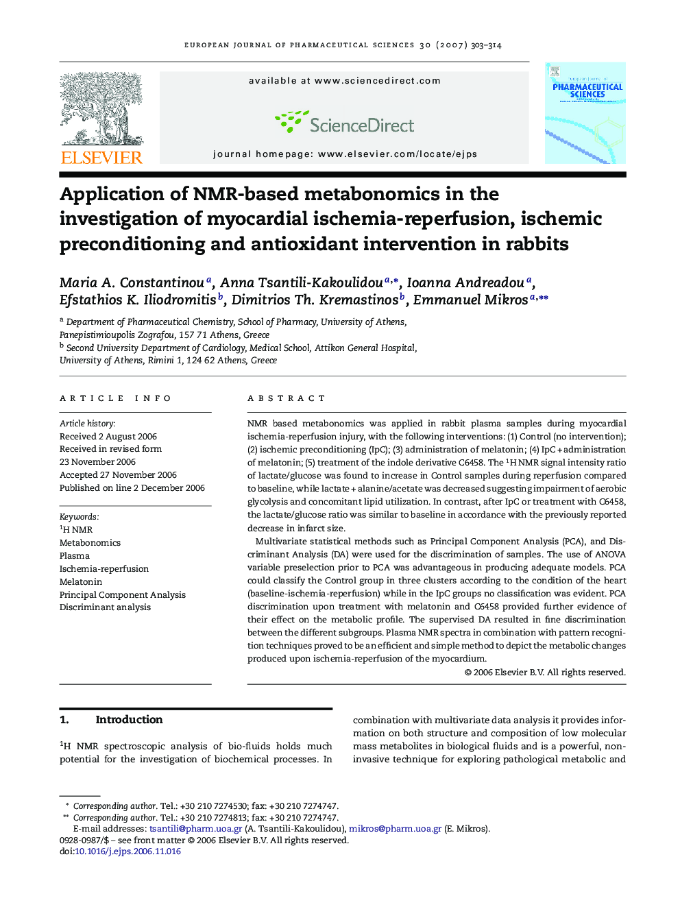 Application of NMR-based metabonomics in the investigation of myocardial ischemia-reperfusion, ischemic preconditioning and antioxidant intervention in rabbits