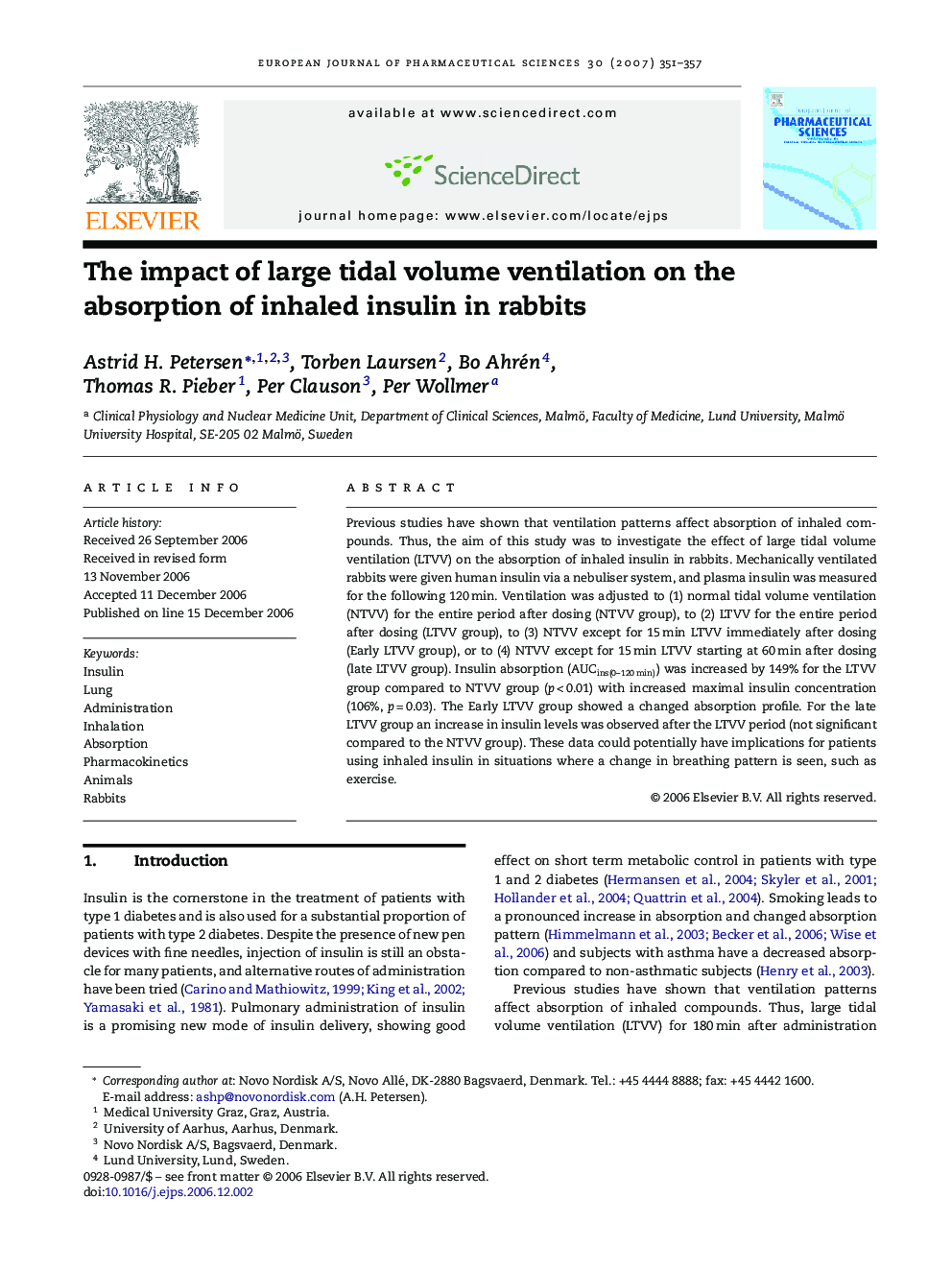 The impact of large tidal volume ventilation on the absorption of inhaled insulin in rabbits