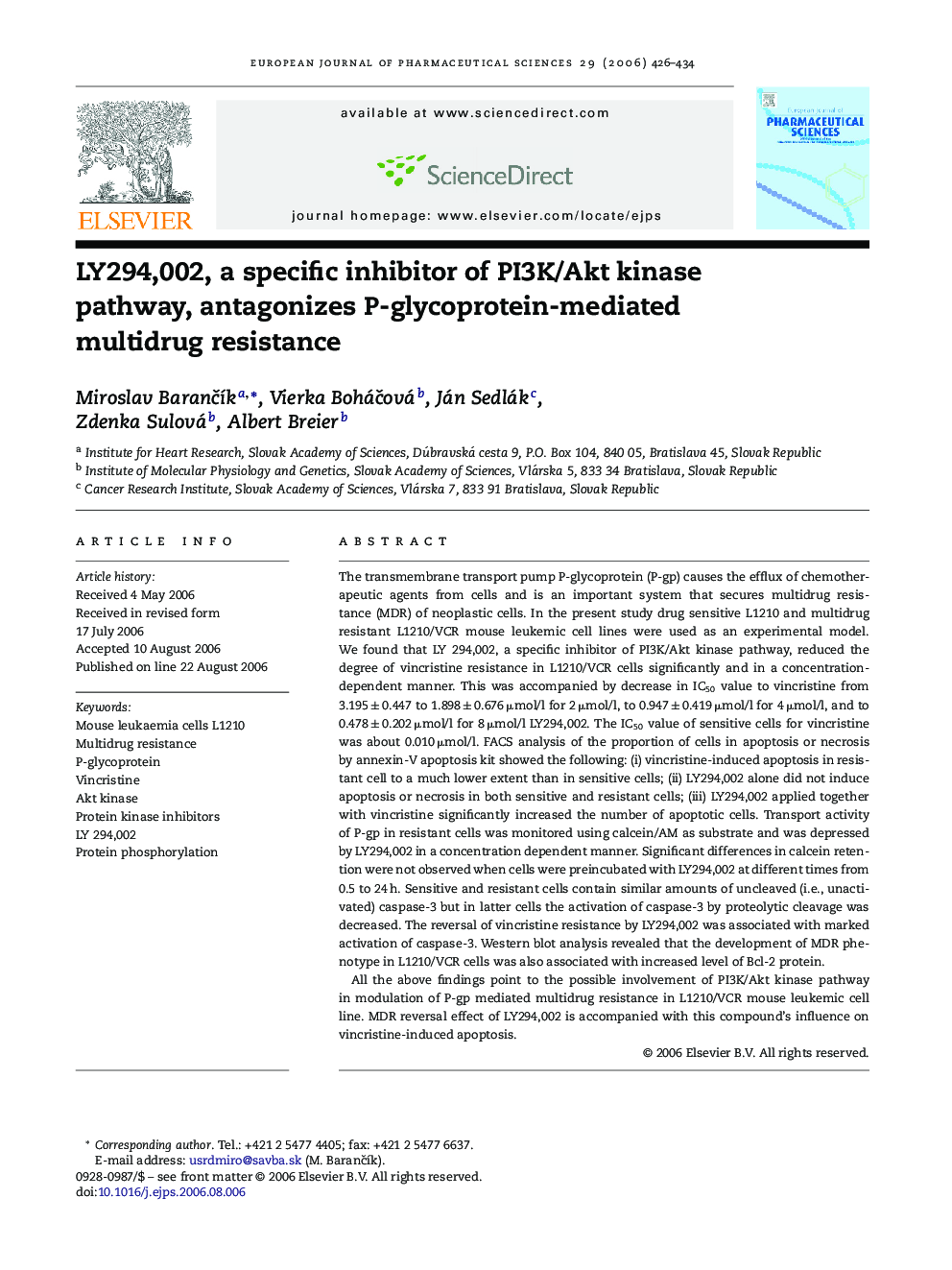 LY294,002, a specific inhibitor of PI3K/Akt kinase pathway, antagonizes P-glycoprotein-mediated multidrug resistance