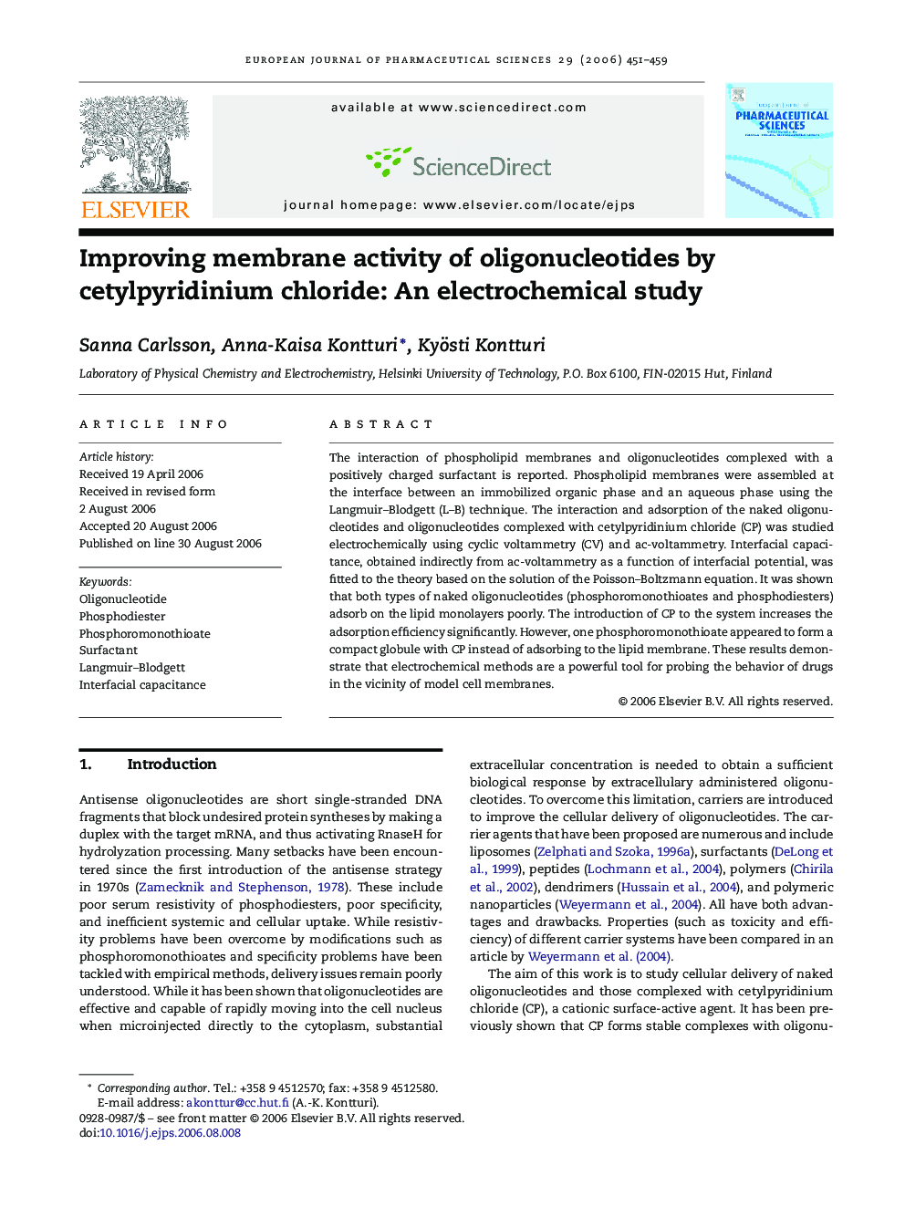 Improving membrane activity of oligonucleotides by cetylpyridinium chloride: An electrochemical study