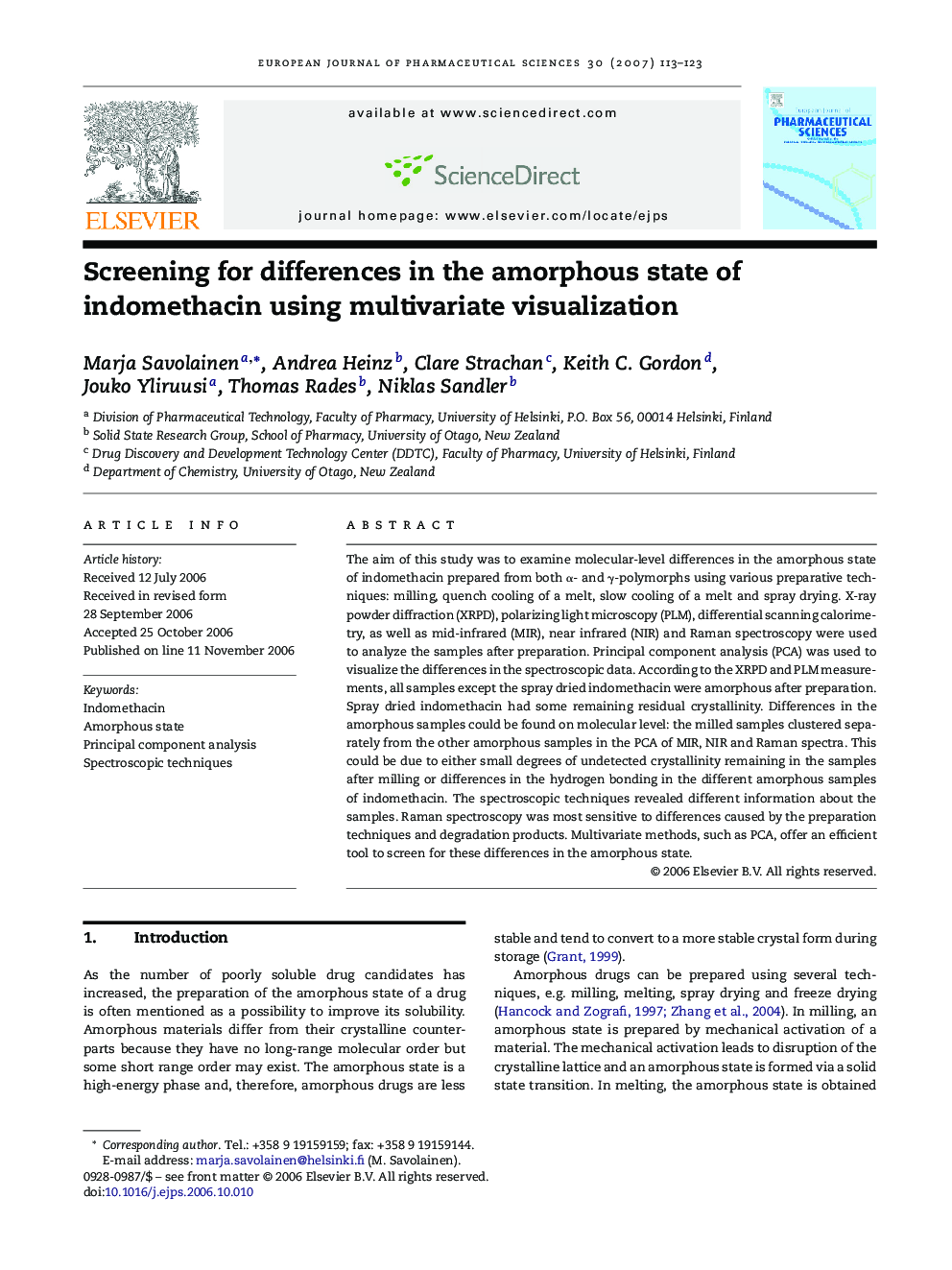 Screening for differences in the amorphous state of indomethacin using multivariate visualization