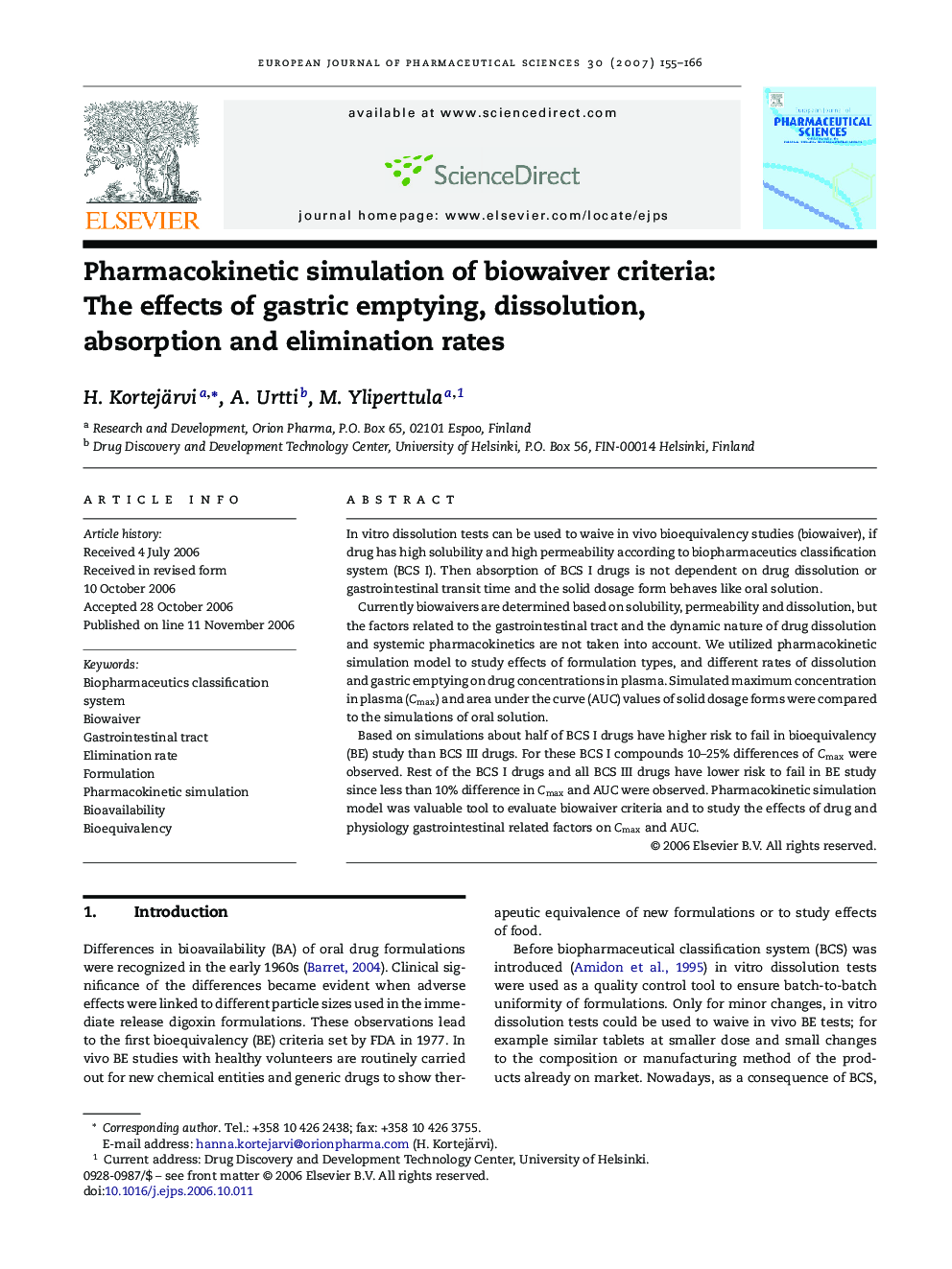 Pharmacokinetic simulation of biowaiver criteria: The effects of gastric emptying, dissolution, absorption and elimination rates