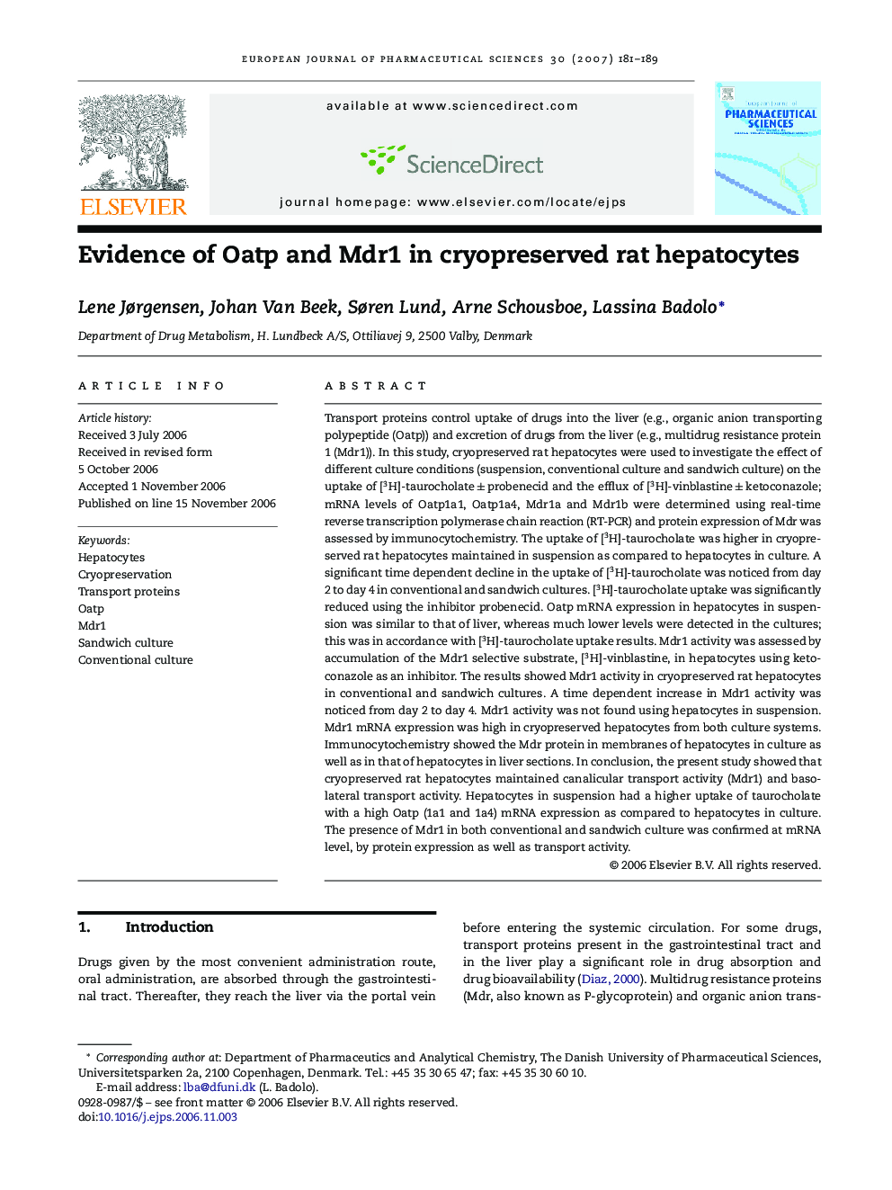 Evidence of Oatp and Mdr1 in cryopreserved rat hepatocytes