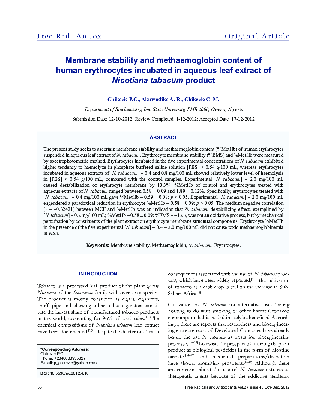 عکس صفحه اول مقاله: Membrane stability and methaemoglobin content of human erythrocytes incubated in aqueous leaf extract of Nicotiana tabacum product Membrane stability and methaemoglobin content of human erythrocytes incubated in aqueous leaf extract of Nicotiana tabacum product