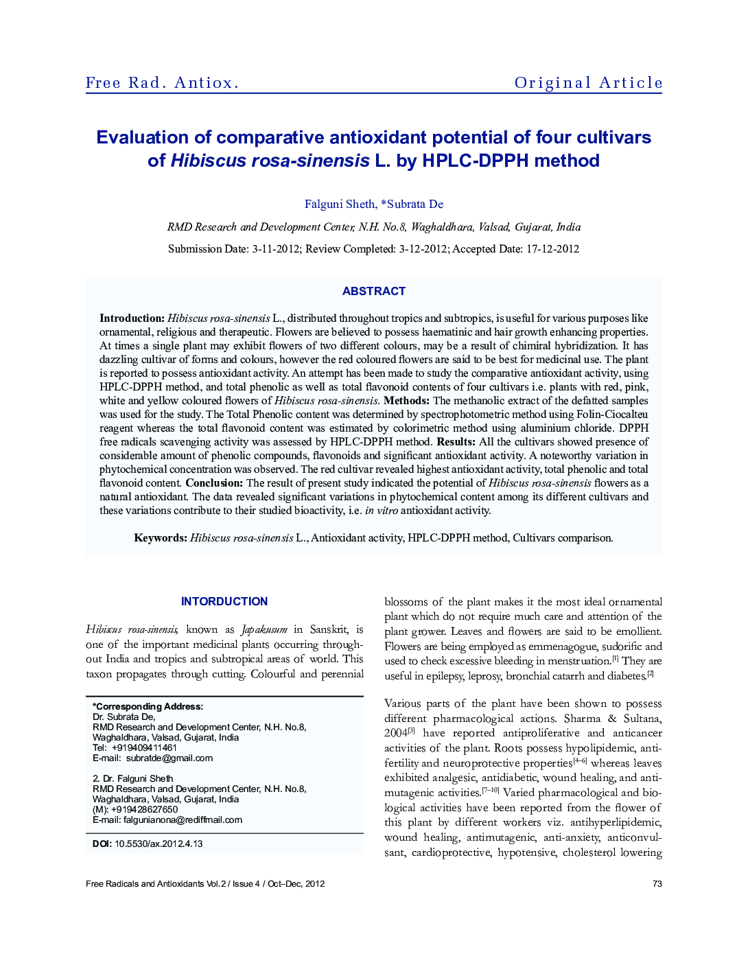 عکس صفحه اول مقاله: Evaluation of comparative antioxidant potential of four cultivars of Hibiscus rosa-sinensis L. by HPLC-DPPH method Evaluation of comparative antioxidant potential of four cultivars of Hibiscus rosa-sinensis L. by HPLC-DPPH method