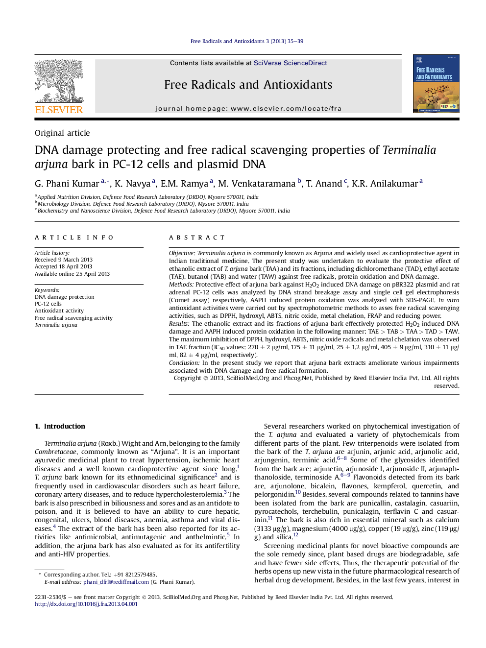 DNA damage protecting and free radical scavenging properties of Terminalia arjuna bark in PC-12 cells and plasmid DNA