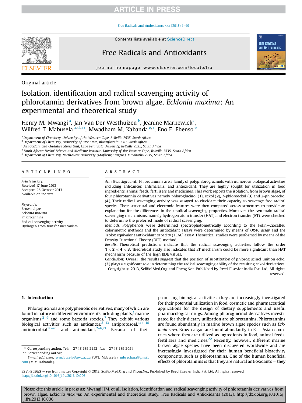 Isolation, identification and radical scavenging activity of phlorotannin derivatives from brown algae, Ecklonia maxima: An experimental and theoretical study