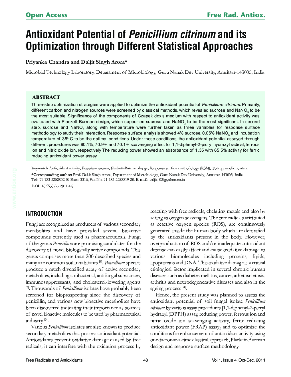 Antioxidant Potential of Penicillium citrinum and its Optimization through Different Statistical Approaches