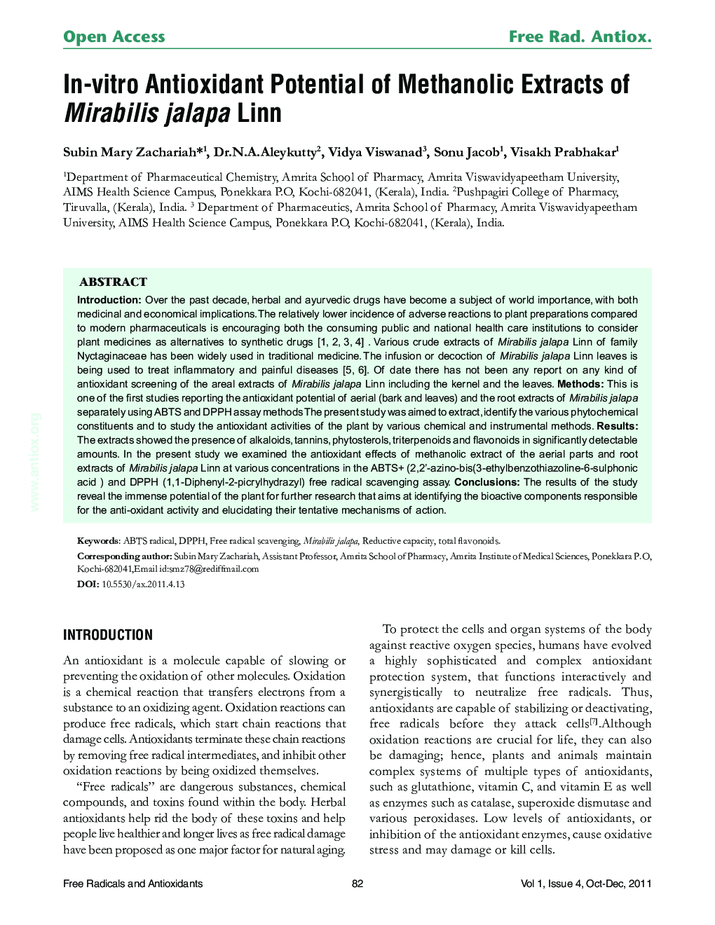 In-vitro Antioxidant Potential of Methanolic Extracts of Mirabilis jalapa Linn